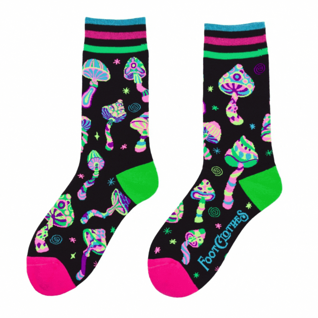 Funky Fungi Crew Socks. A pair of socks featuring glow in the dark mushrooms.