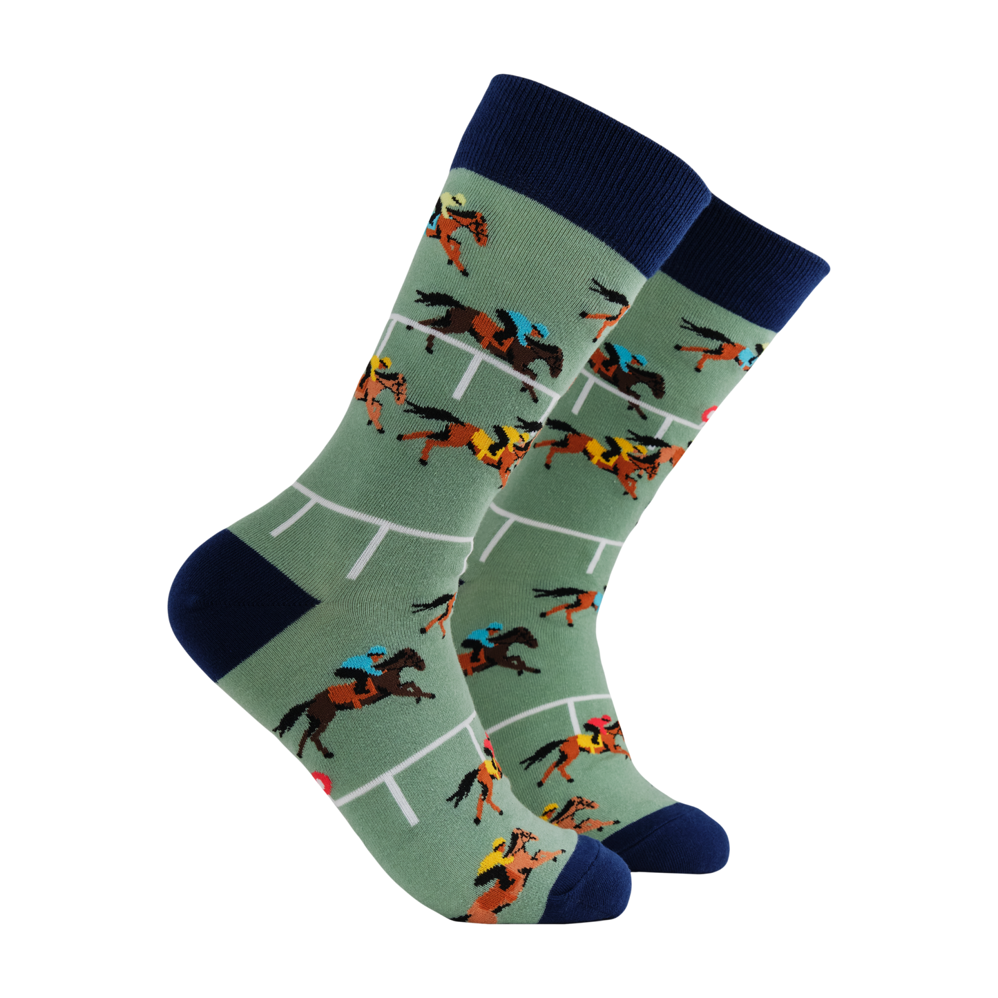 A pair of socks depicting horse racing. Green legs, black cuff, heel and toe