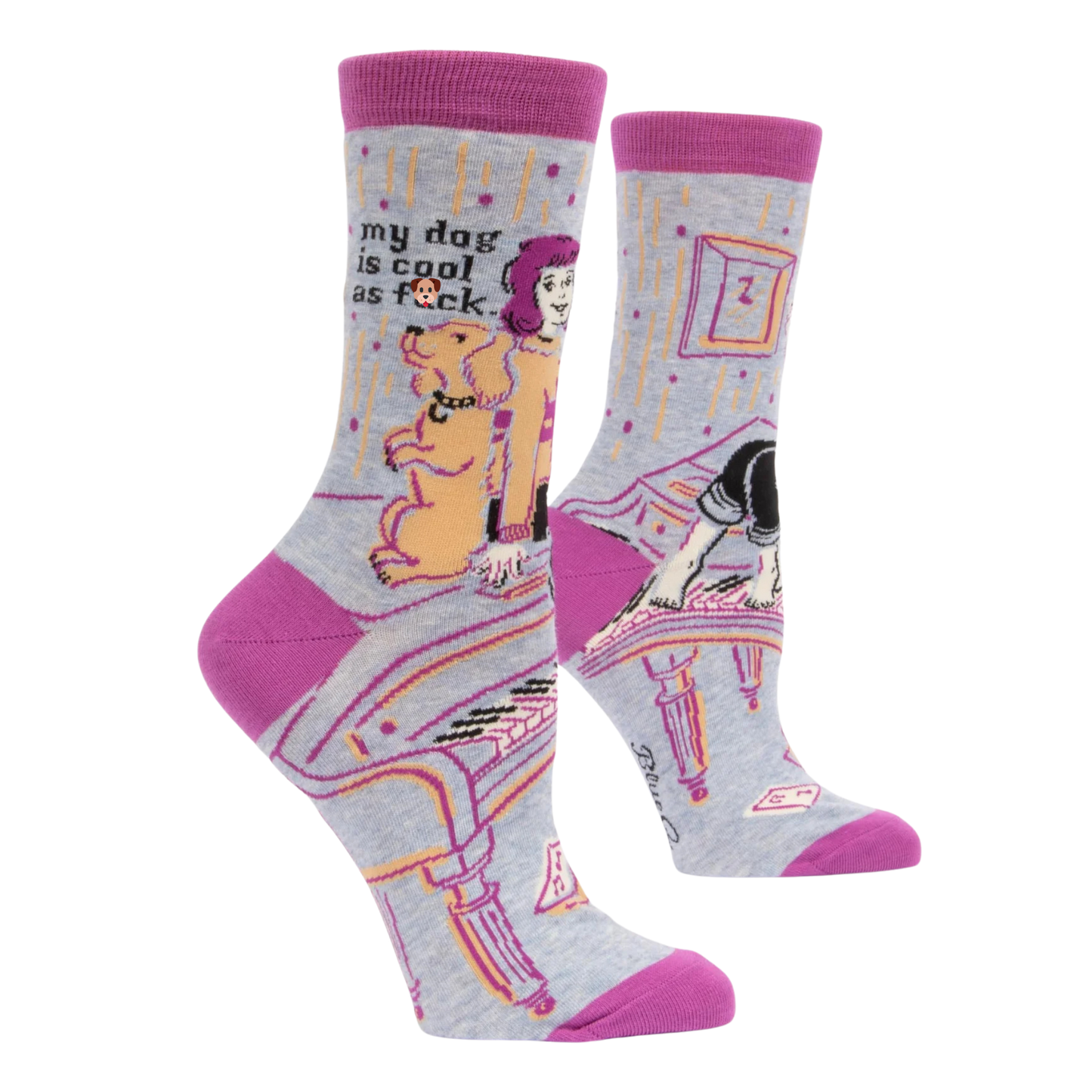 My Dog Is Cool as F**k Socks. A pair of socks with a really cool dog. Grey legs, pink heel, toe and cuff.