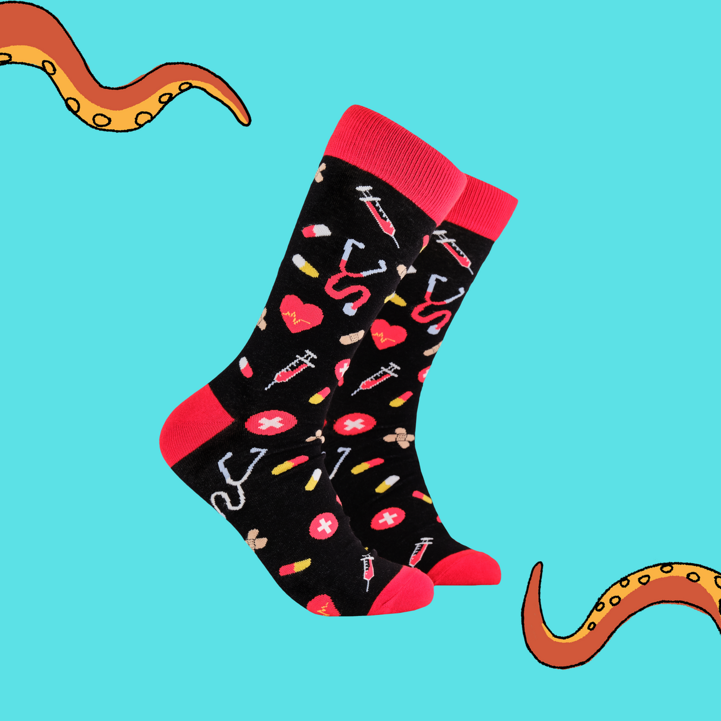 A pair of socks depicting medical equipment and symbols. Black legs, red cuff, heel and toe.