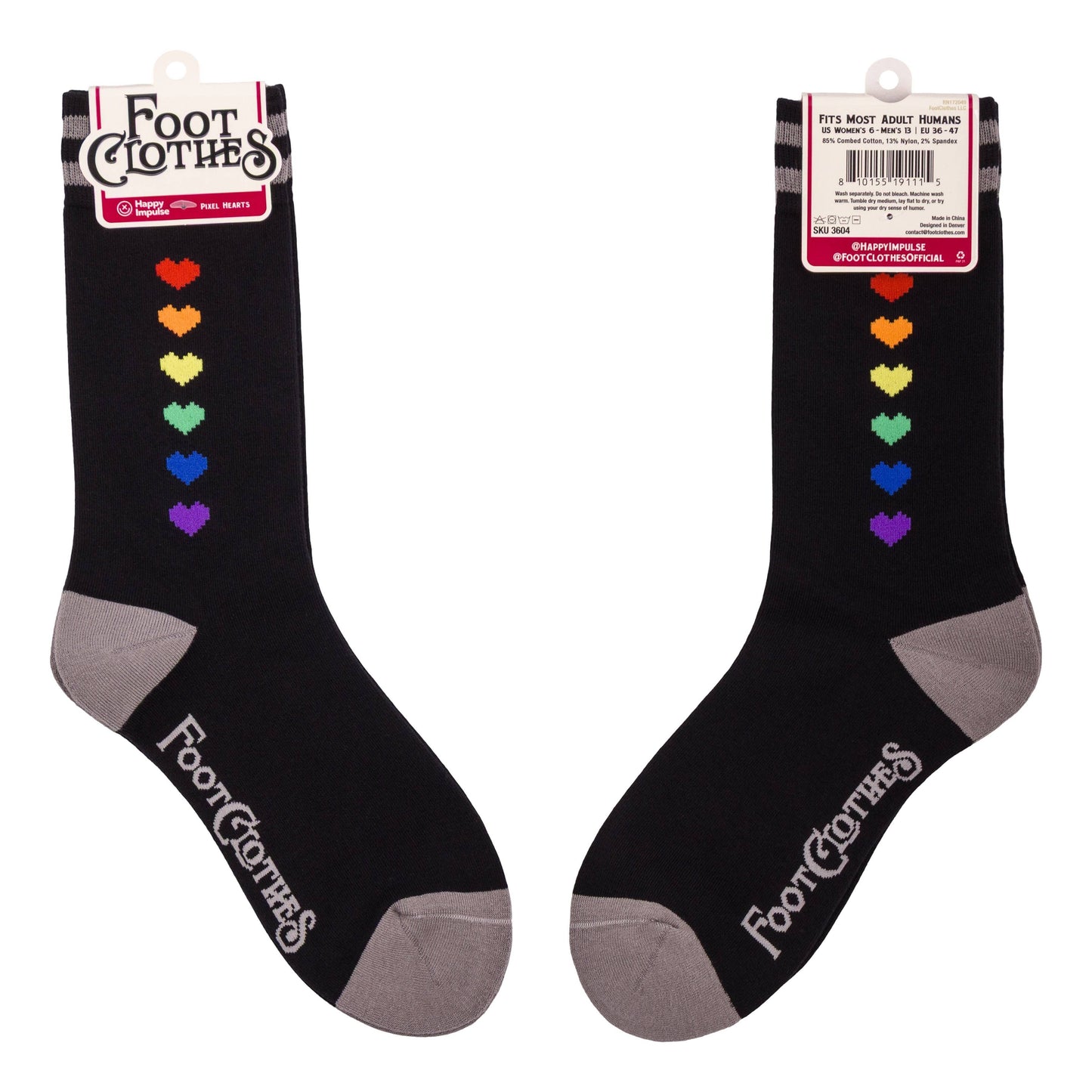 Pride Pixel Hearts Crew Socks. A pair of socks with a pixelated heart motif. Black legs, grey heel, toe and cuff.