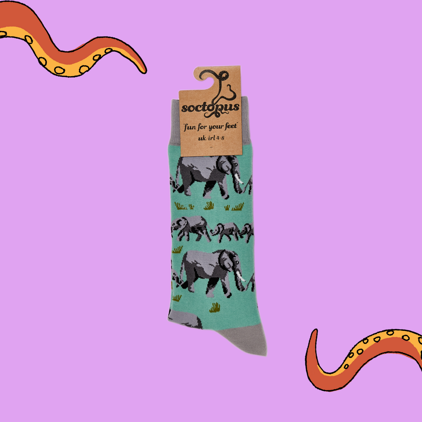 A pair of socks depicting elephants. Turquoise legs, grey cuff, heel and toe. In Soctopus Packaging.