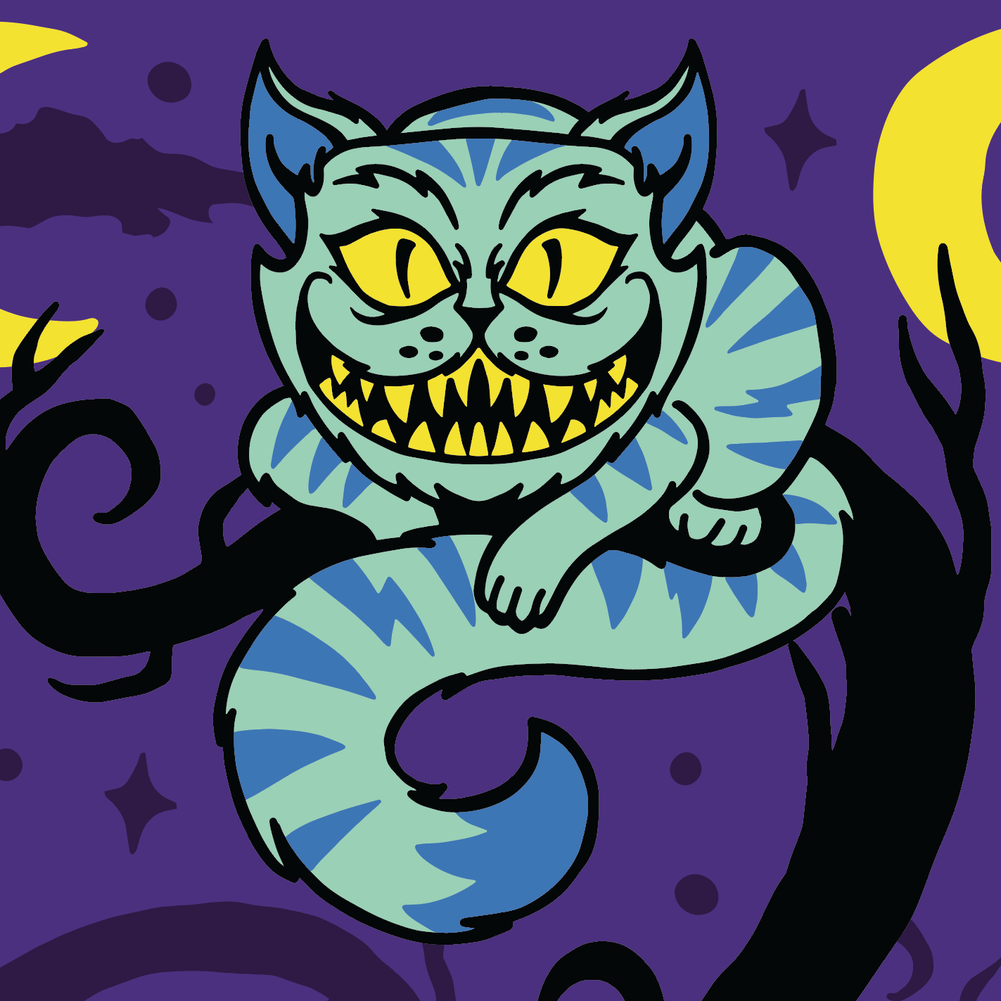 A model wearing a pair of socks featuring the cheshire cat. Purple legs, black heel, cuff and toe.