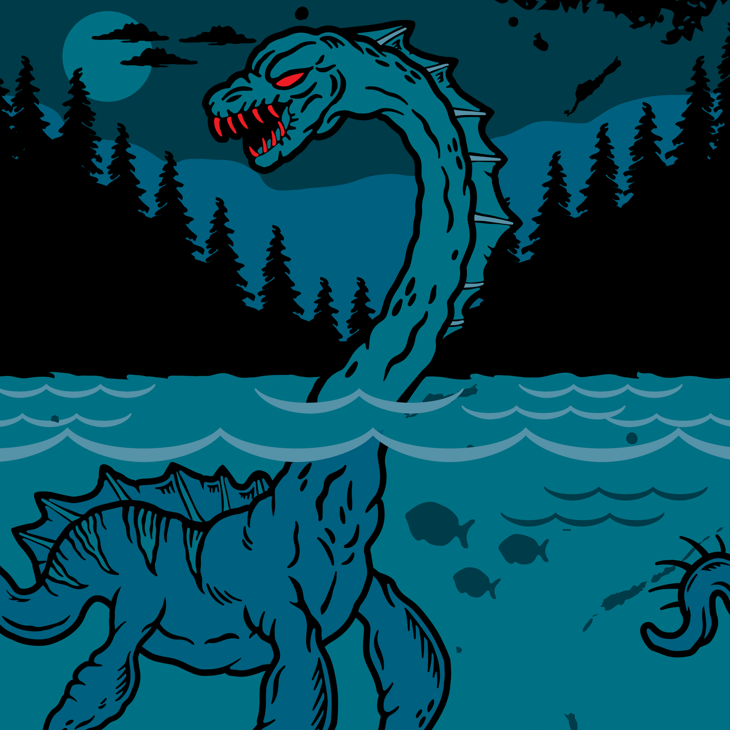 A model wearing a pair of socks featuring the Loch Ness Monster. Blue legs, blue heel, toe and cuff.