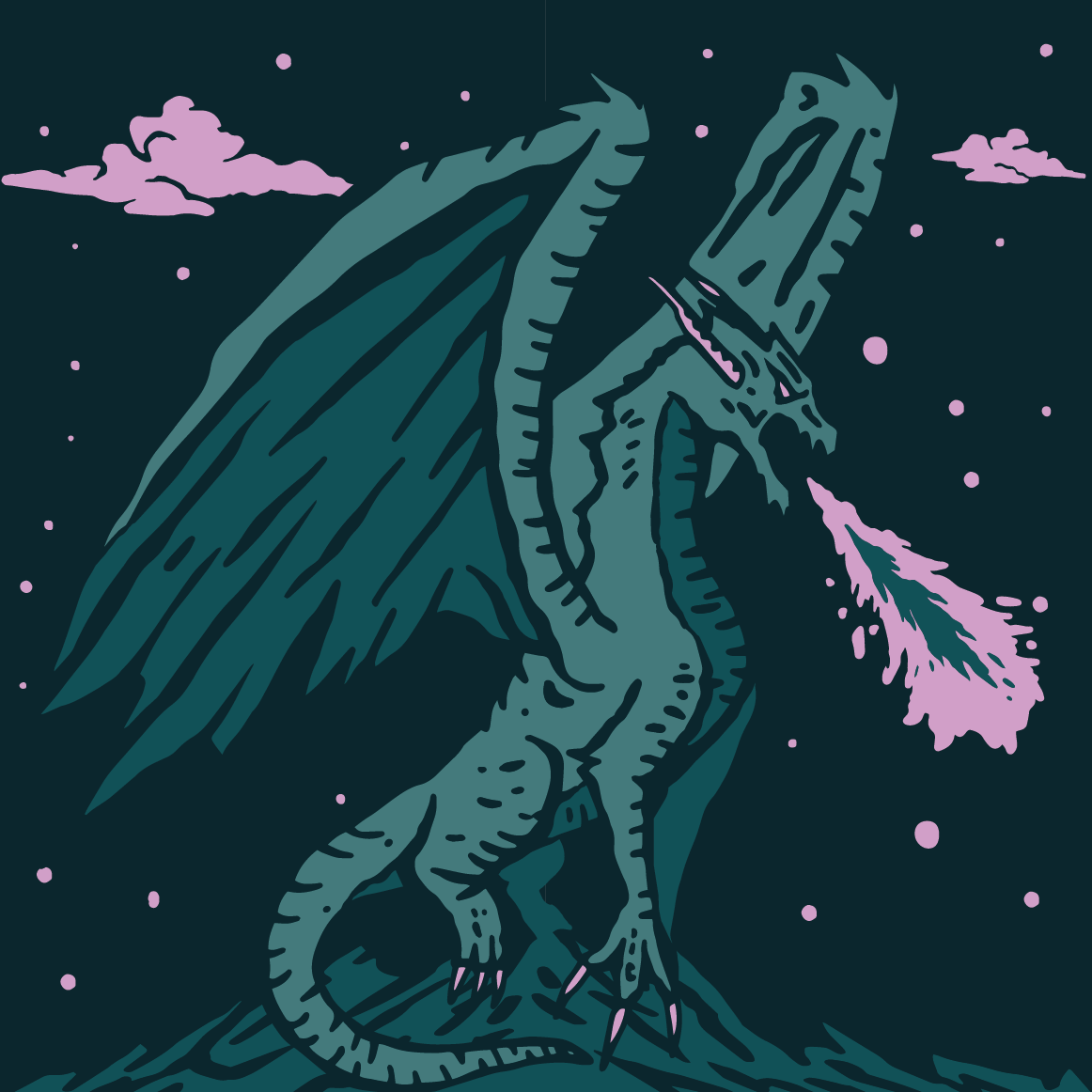 A pair of socks featuring an evil dragon. Blue legs, green heel, toe and cuff.