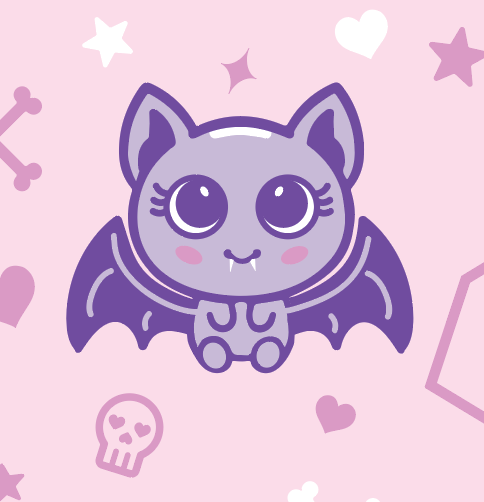 A model wearing a pair of socks with a cute bat motif. Pink legs, light purple heel, toe and cuff.