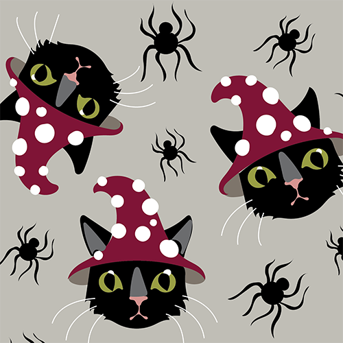 A pair of cocks with a cute cat and spider halloween pattern. Red heel, toe and cuff.