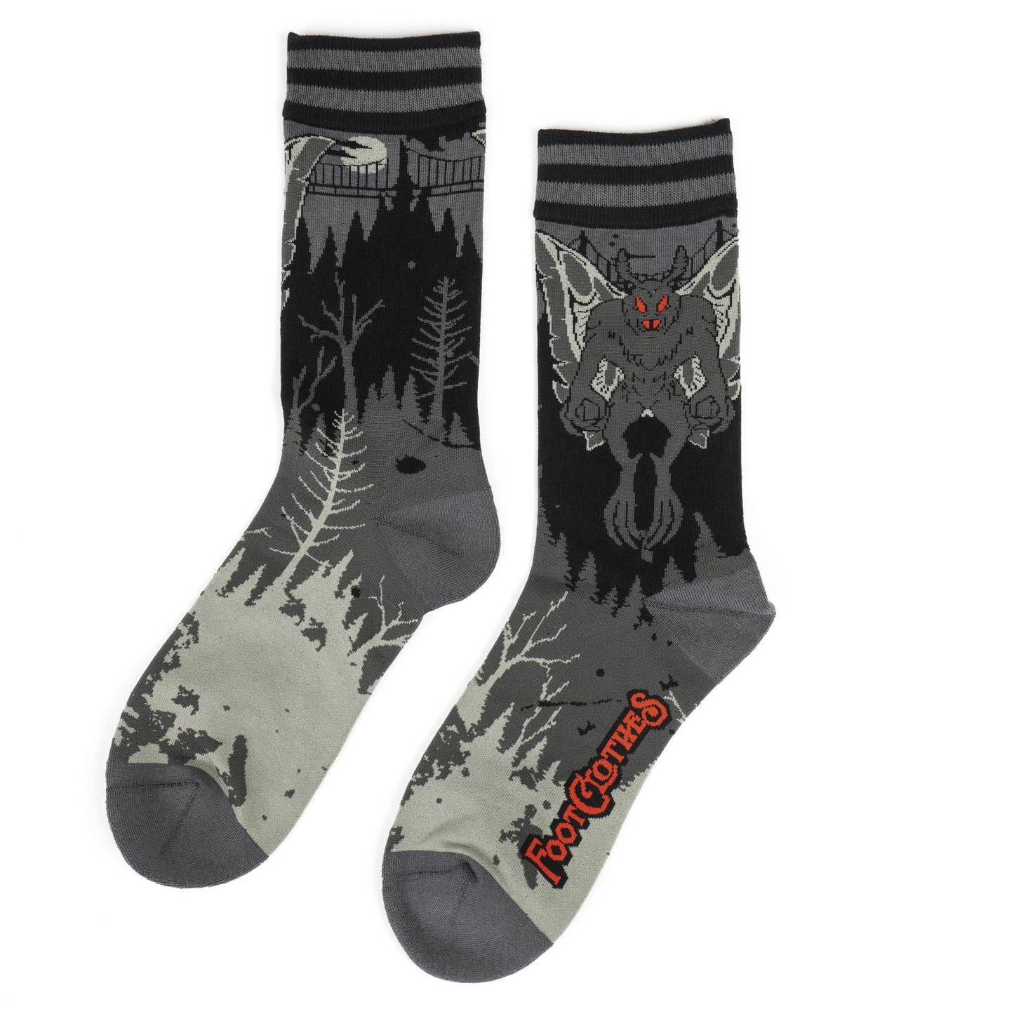 A pair of socks featuring Mothman. Grey legs, grey heel, toe and cuff.