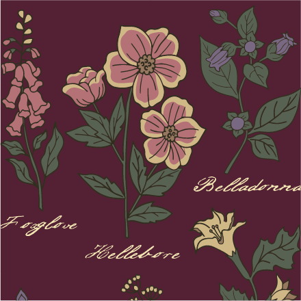 Baneful Botany Crew Socks. A pair of socks with a botany motif. Brown legs, green heel, toe and cuff.