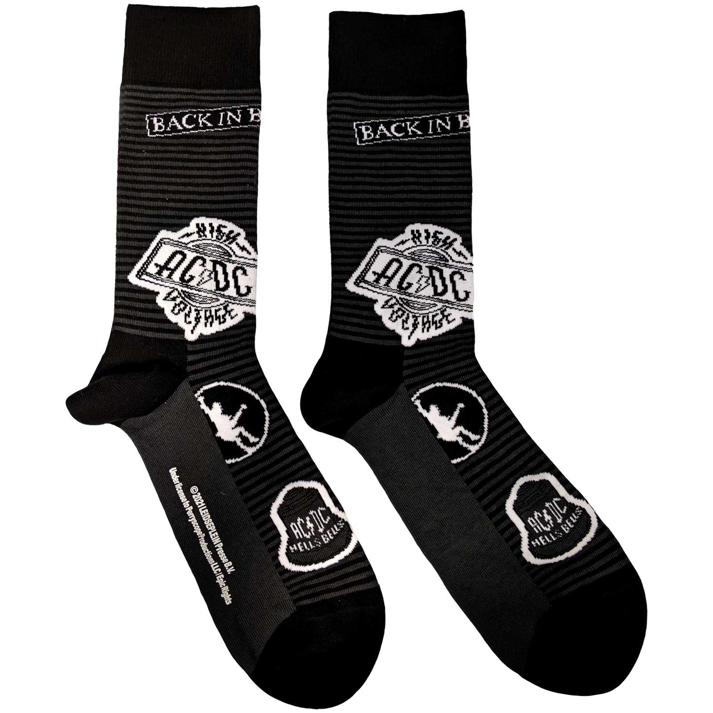 AC/DC Icons Socks. A pair of socks featuring various AC/DC logos. Black and grey legs, heel and toe.