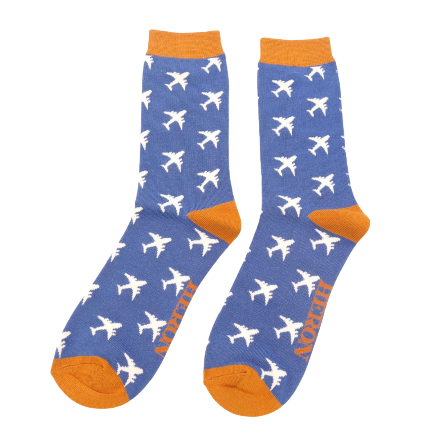 Airplanes Bamboo Socks - Miss Sparrow. A pair of socks with an airplane motif. Blue legs, orange toes, cuff and heel.