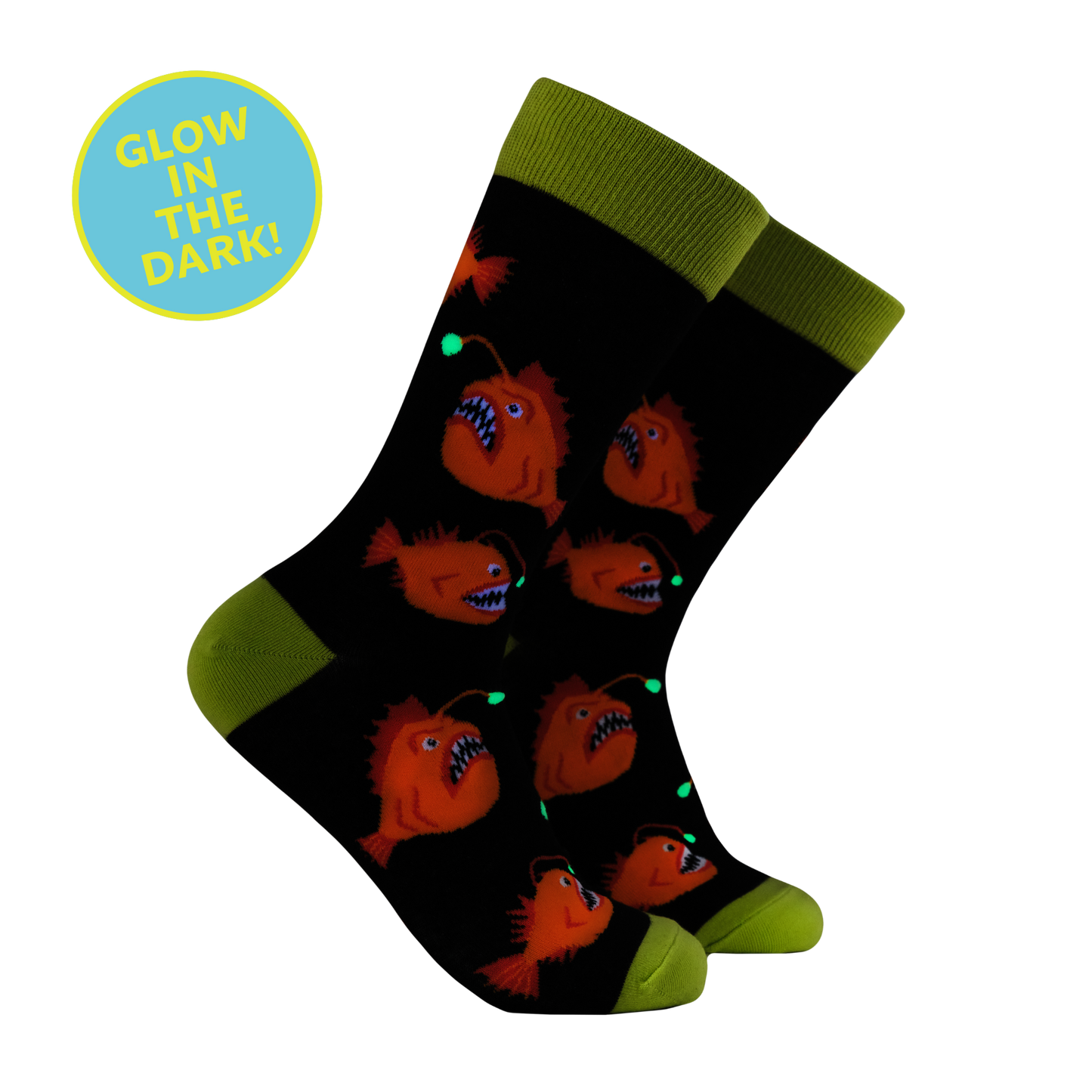 A pair of socks with an angler fish motif. Black legs, yellow heel toe and cuff