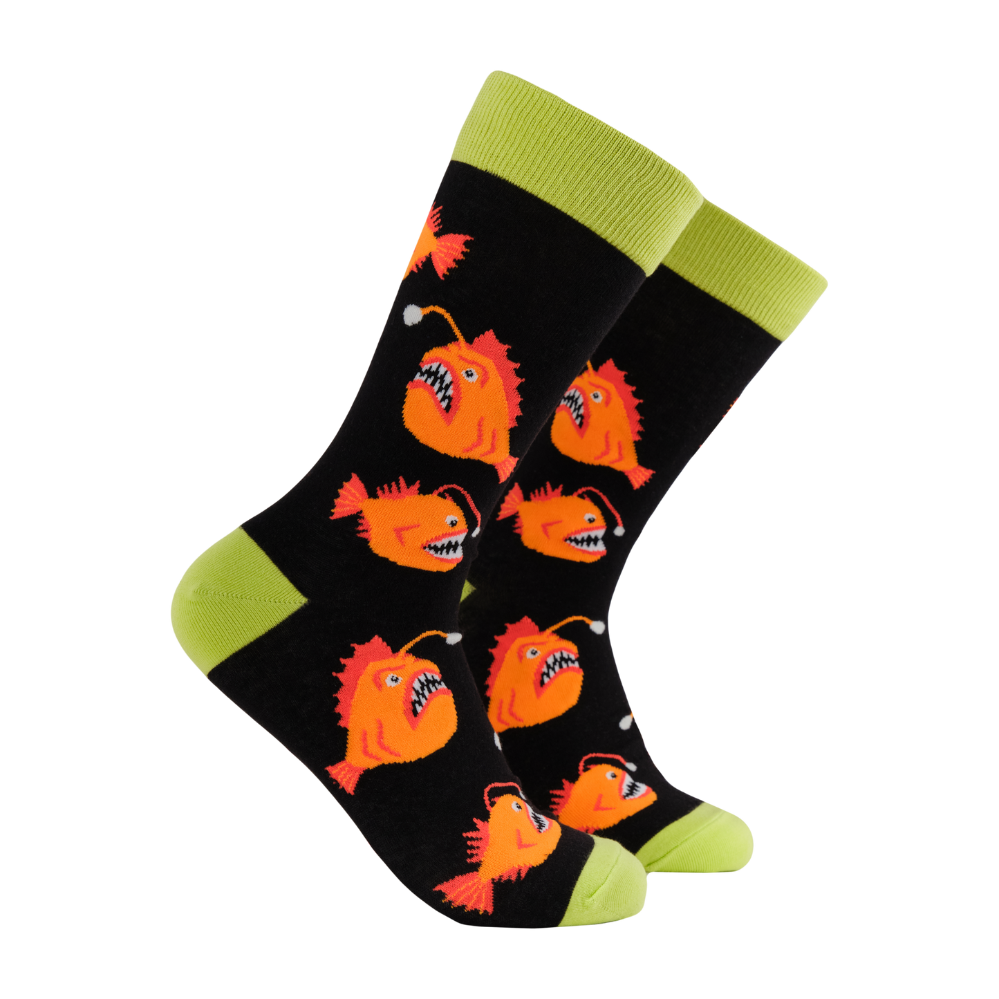 A pair of socks with an angler fish motif. Black legs, yellow heel toe and cuff