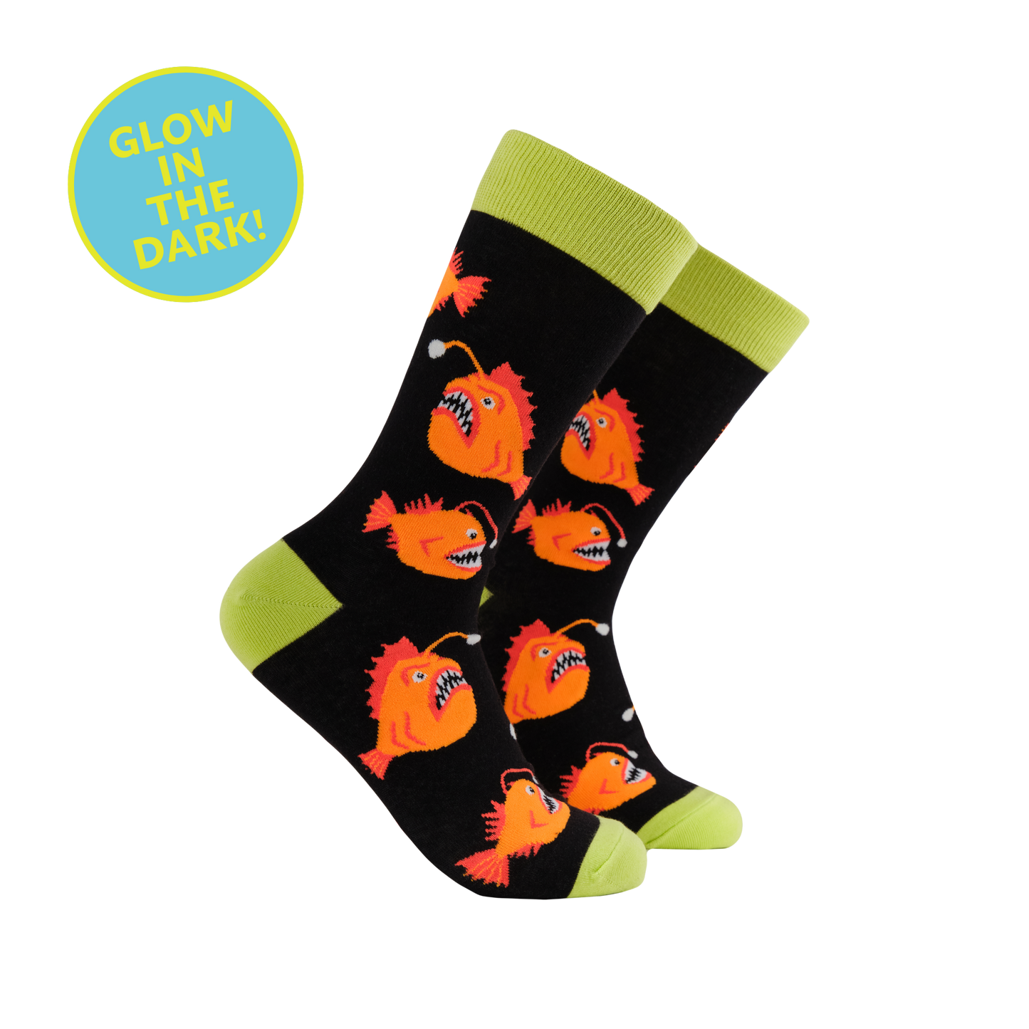 Angler Fish Socks - Ankler Fish. A pair of socks with an angler fish motif. Black legs, yellow heel toe and cuff