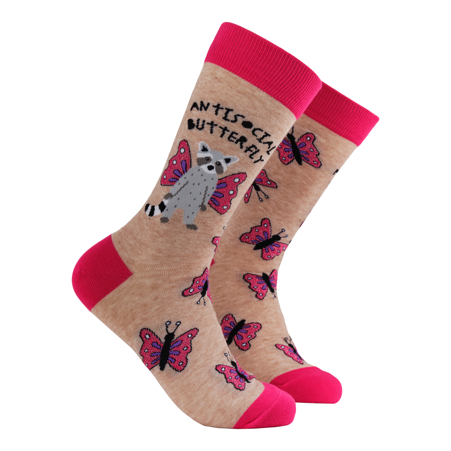 Antisocial Butterfly Socks. A pair of socks featuring a racoon and butterfly motif. Brown legs, hot pink heel toe and cuff.