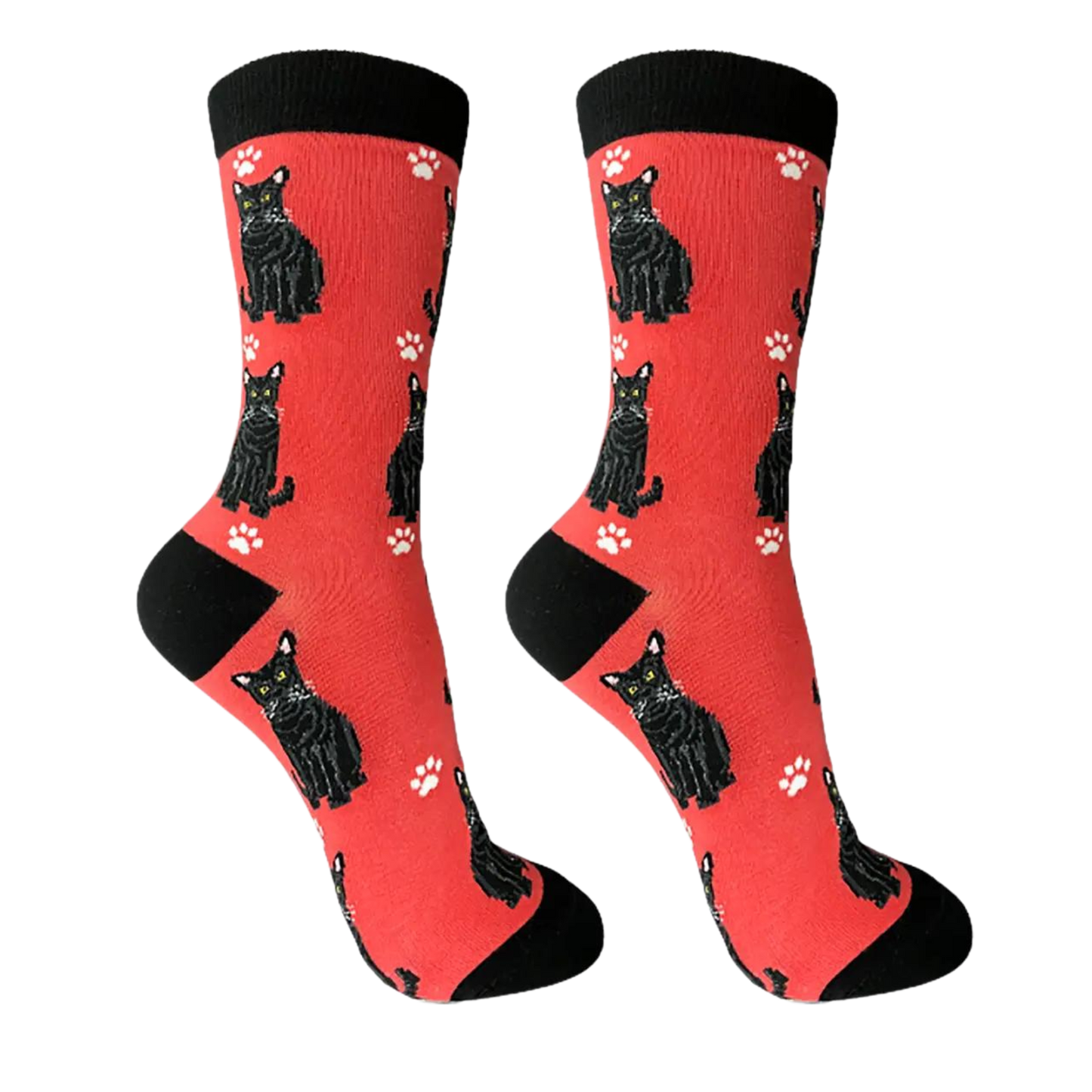 Black Cat Socks - E&S Pets. A pair of socks featuring black cats. Red legs, black heel, toe and cuff.
