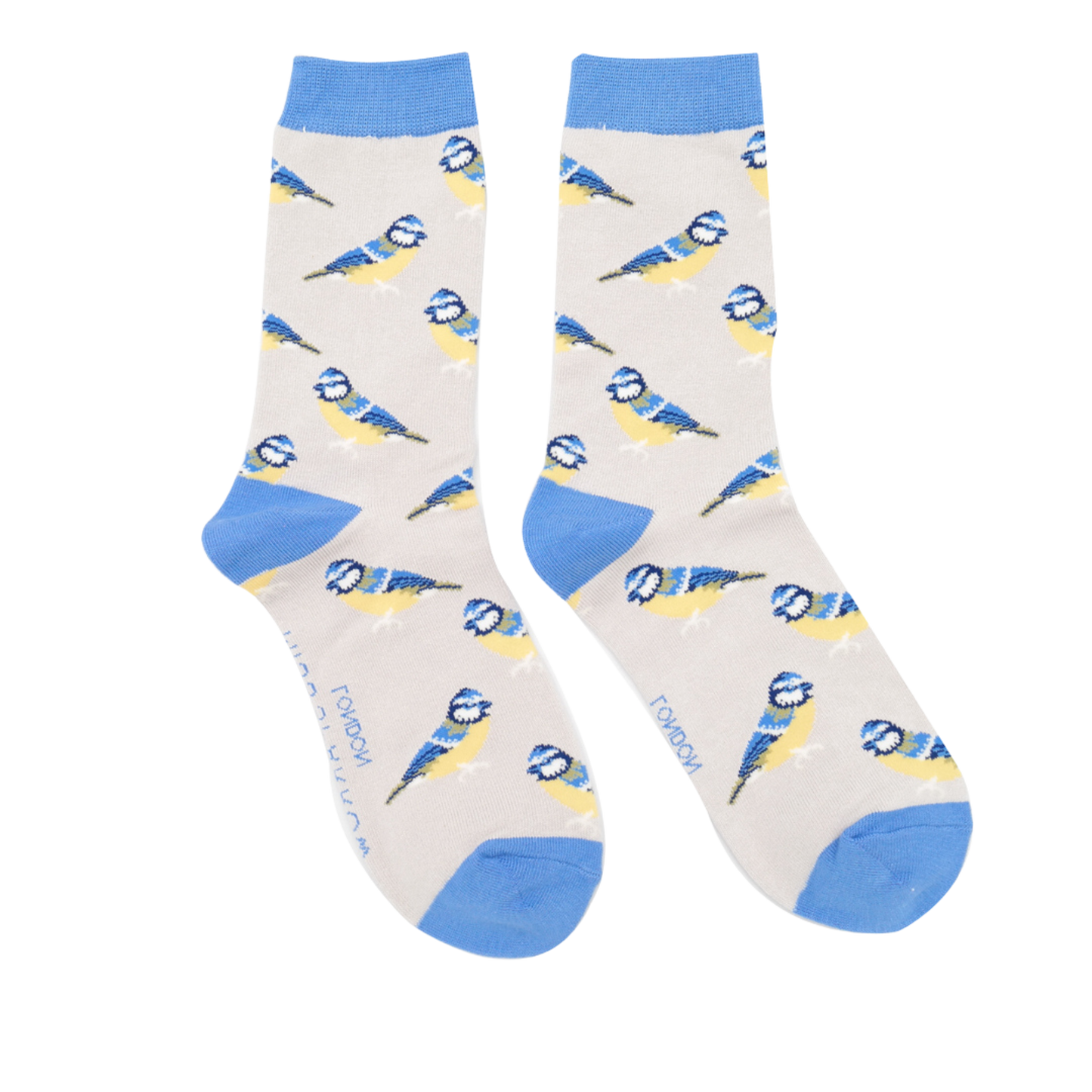 A pair of socks depicting Bluetits. Light grey legs, blue toe, cuff and heel.