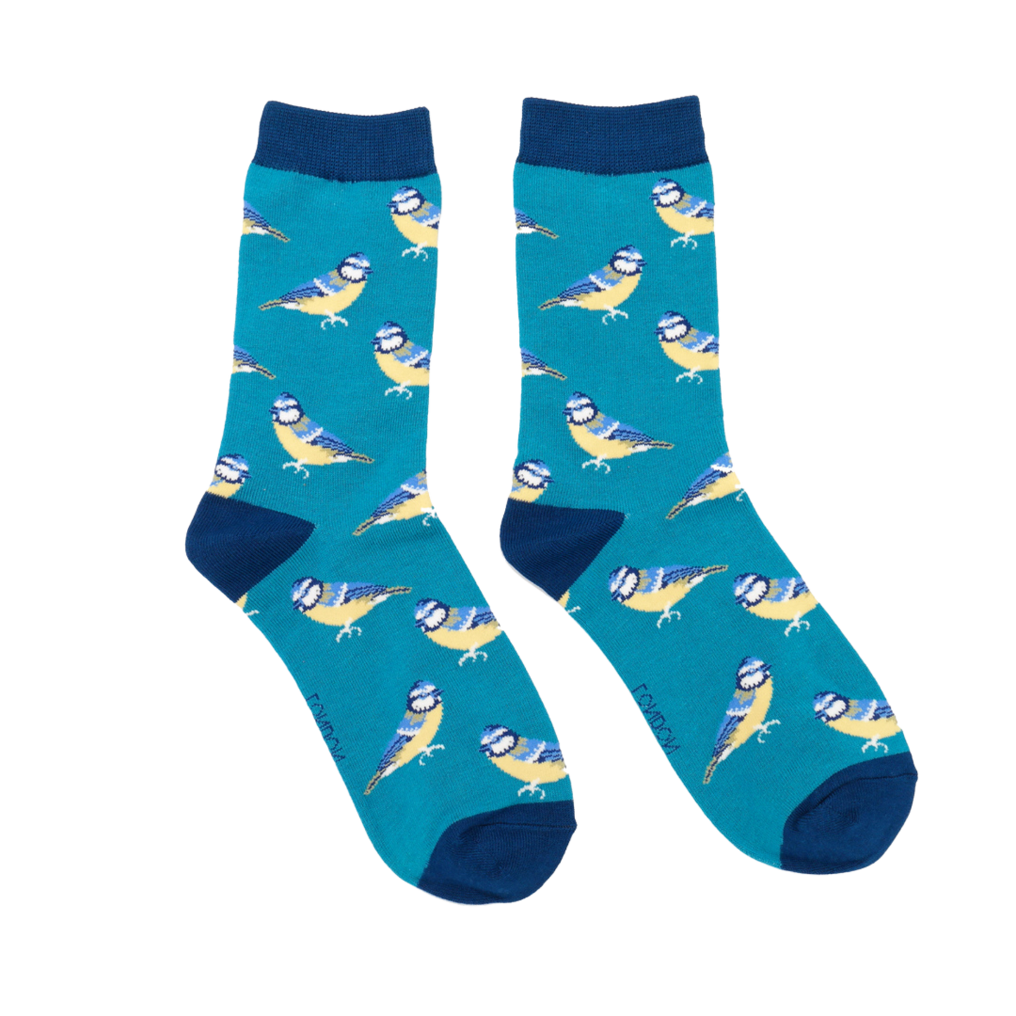 A pair of socks depicting Bluetits. Teal legs, blue toe, cuff and heel.