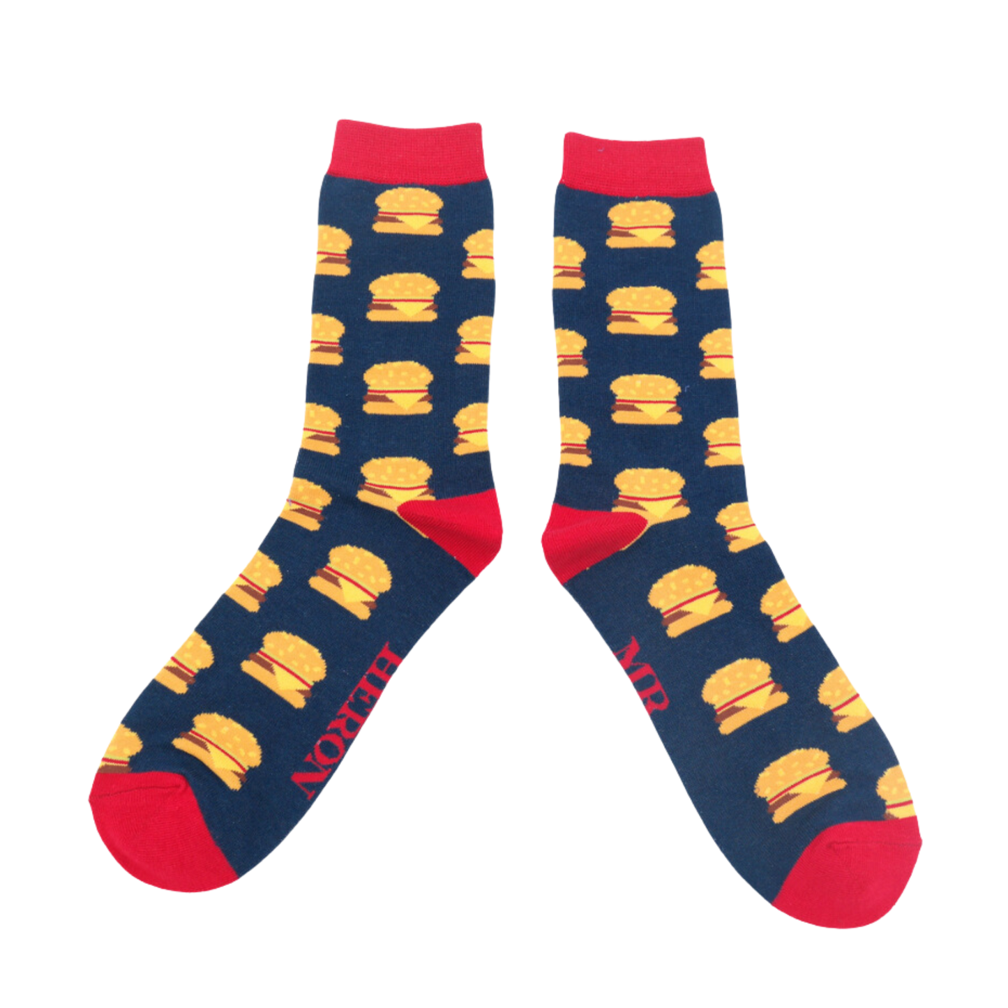 Burgers Bamboo Socks - Miss Sparrow. A pair of socks with a juicy burger pattern.  Dark Blue legs, red heel, toe and cuff.