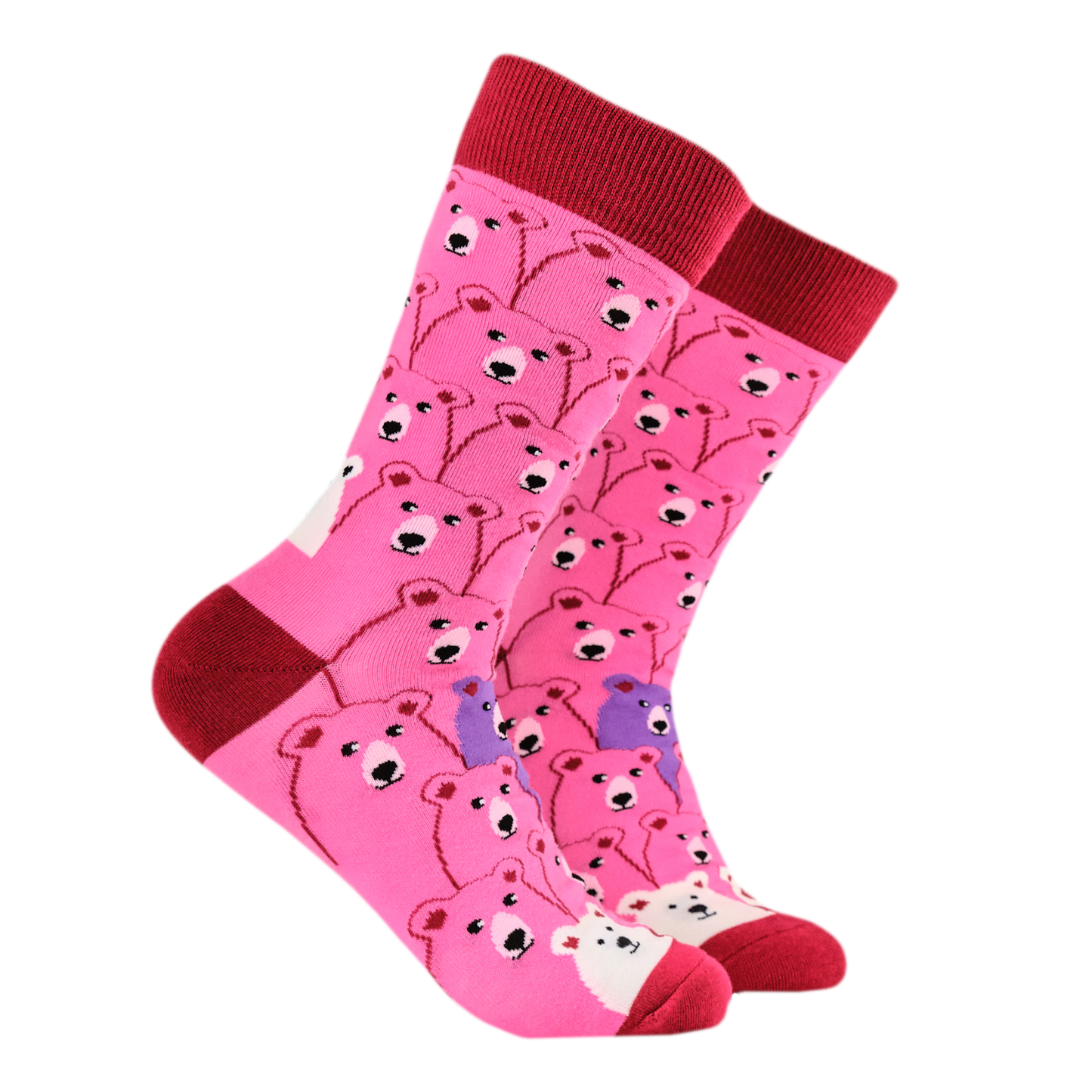 Bear Hunt Socks. A pair of socks with a fun bear pattern. Bright pink legs, red heel, toe and cuff.