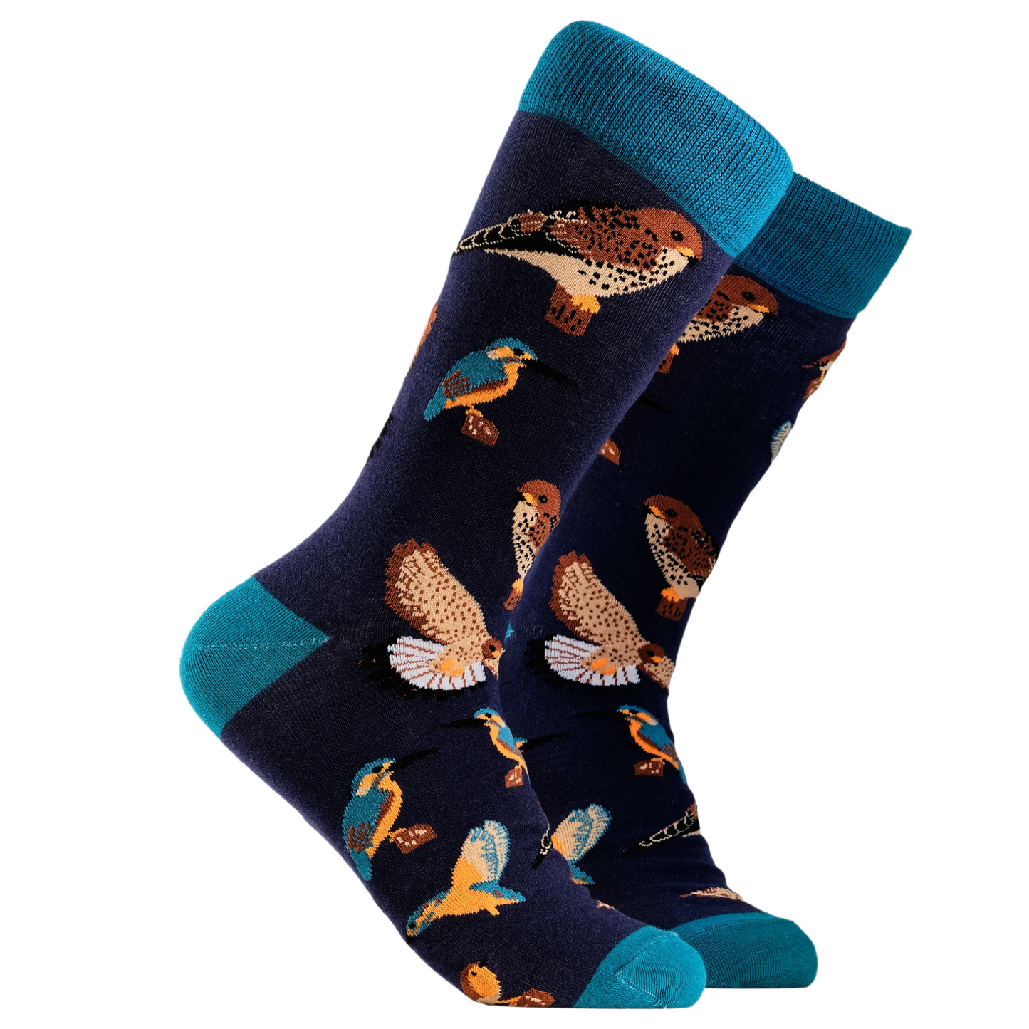 A pair of socks depicting British native birds. Purple legs, turquoise cuff, heel and toe.