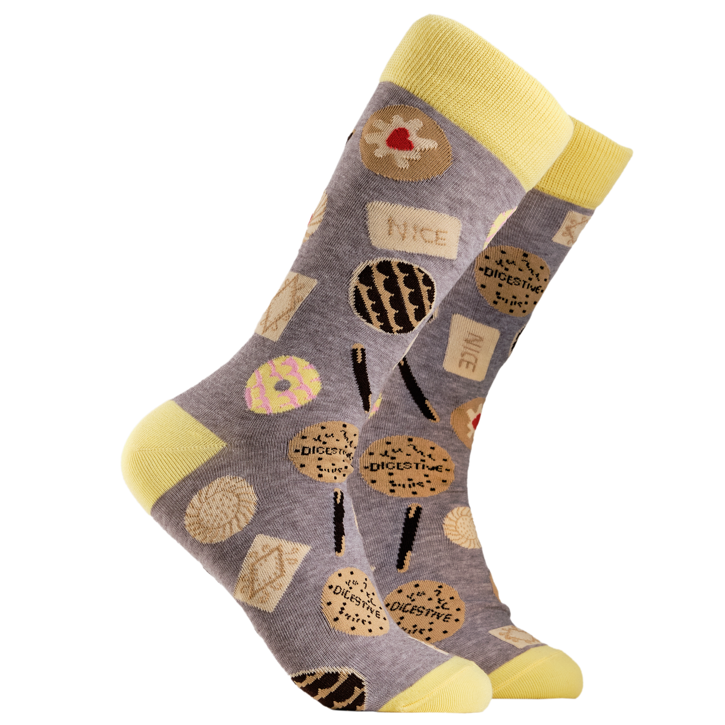Biscuits Socks. A pair of socks depicting retro and classic British biscuits. Grey legs, yellow cuff, heel and toe.