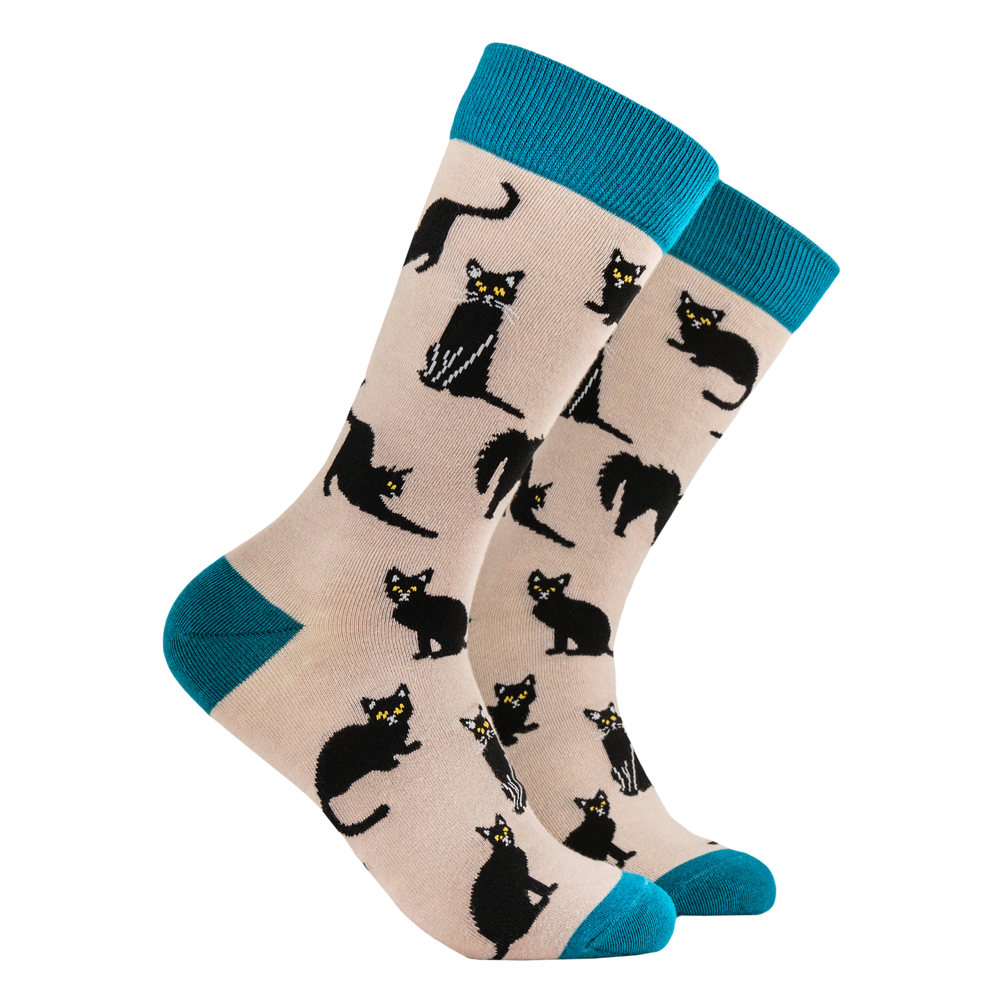 Black Cats Bamboo Socks. A pair of socks featuring lucky black cats. Beige legs, teal heel toe and cuff.