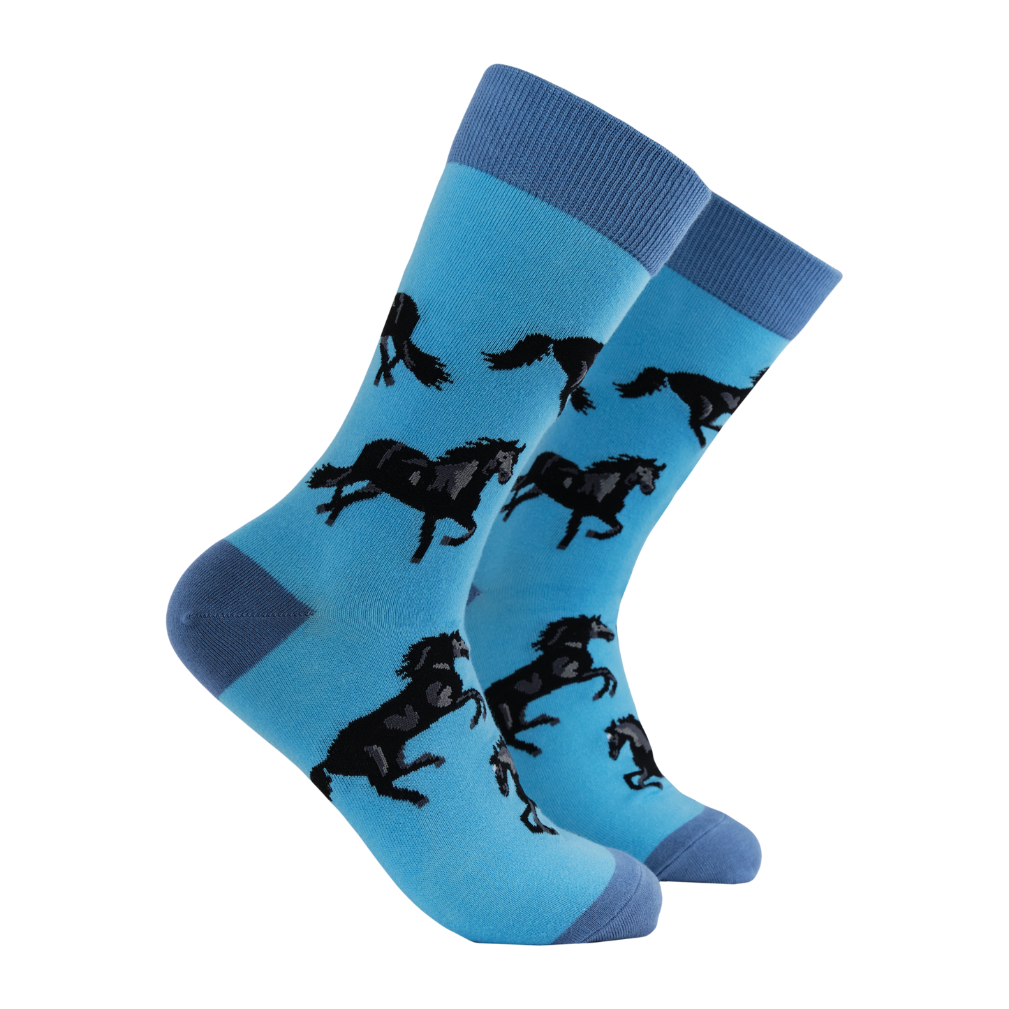 Blue socks with black horse patterns on a white background