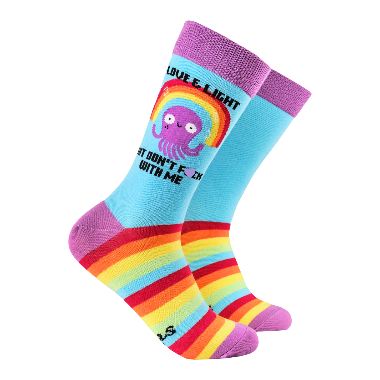 Love & Light Socks - Soctopus X Katie Abey. A pair of socks depicting a happy octopus and a sweary slogan. Blue legs. Striped foot and pink heel toe and cuff.