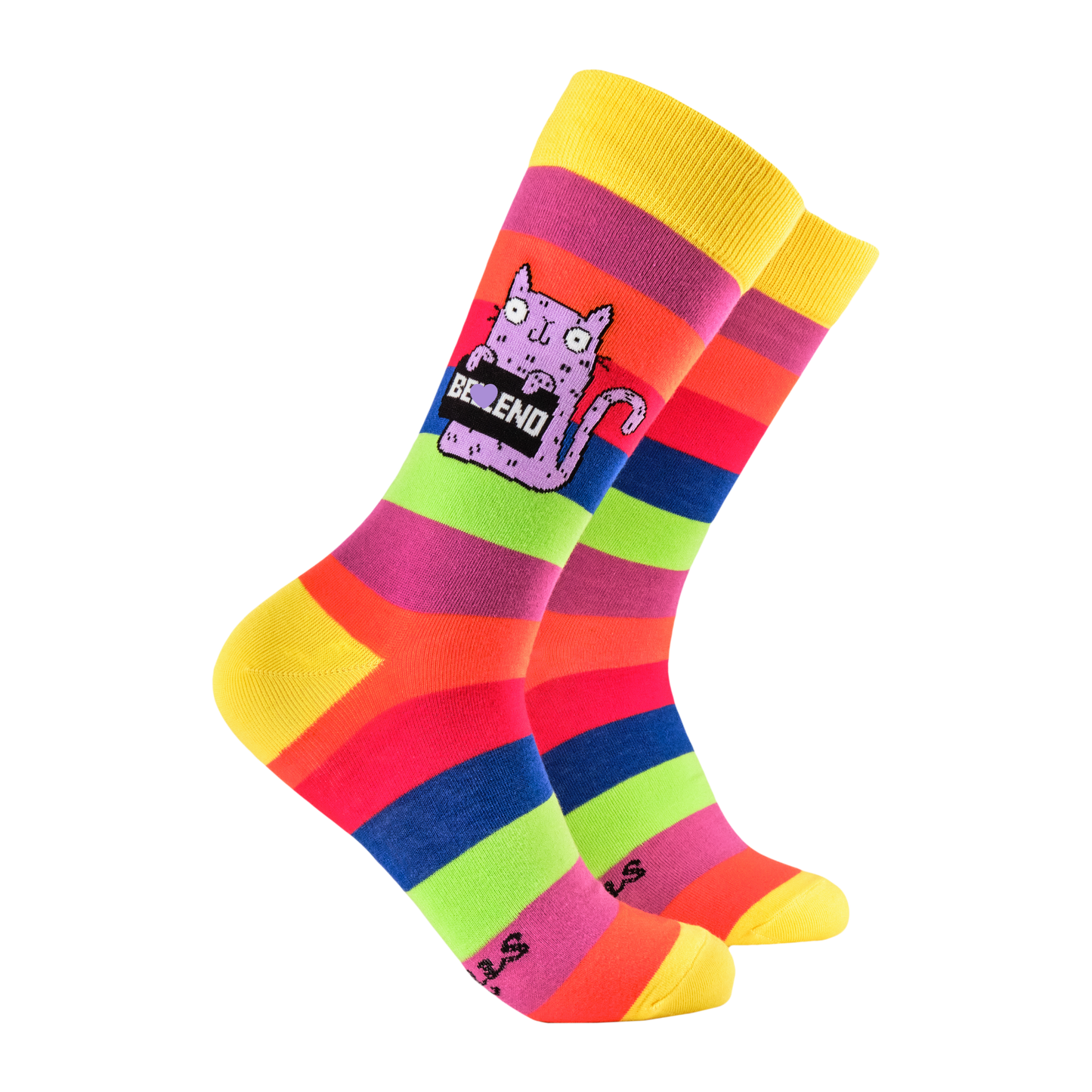 Bellend Socks - Soctopus x Katy Abey. A pair of socks designed by artist Katy Abey,  featuring a cat holding a sign that says Bellend.