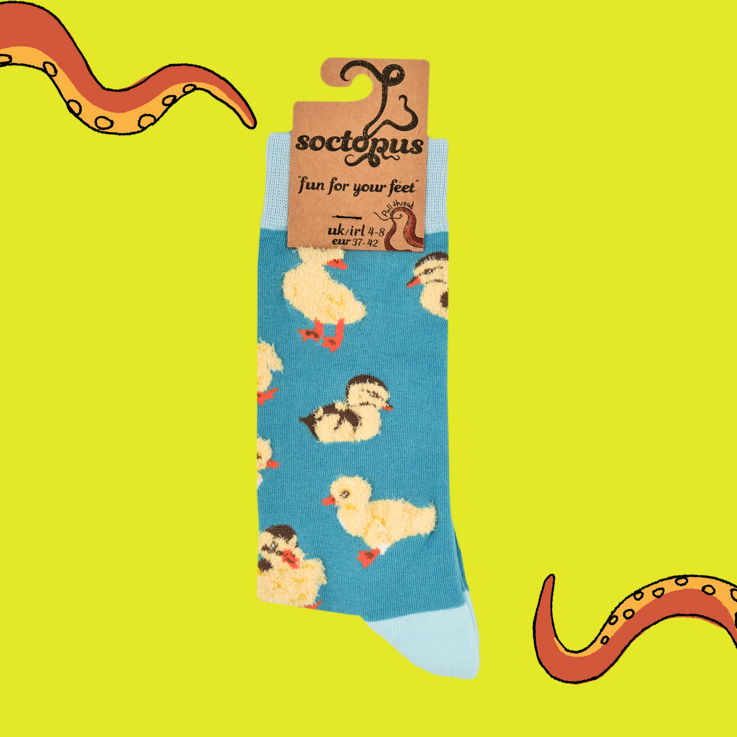A pair of socks with fluffy ducklings. Teal legs, bright blue heel, toe and cuff.