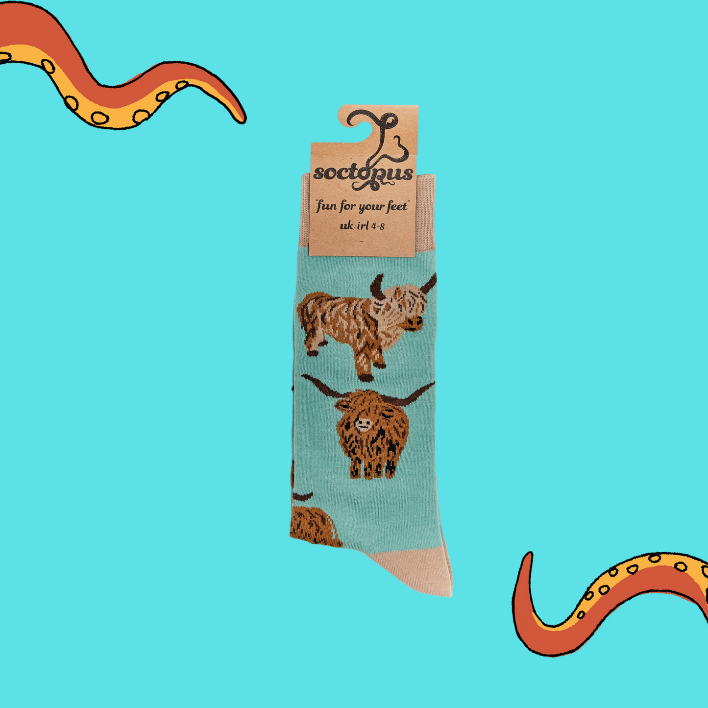 A pair of socks depicting highland cows. Green legs, brown cuff, heel and toe. In Soctopus Packaging.