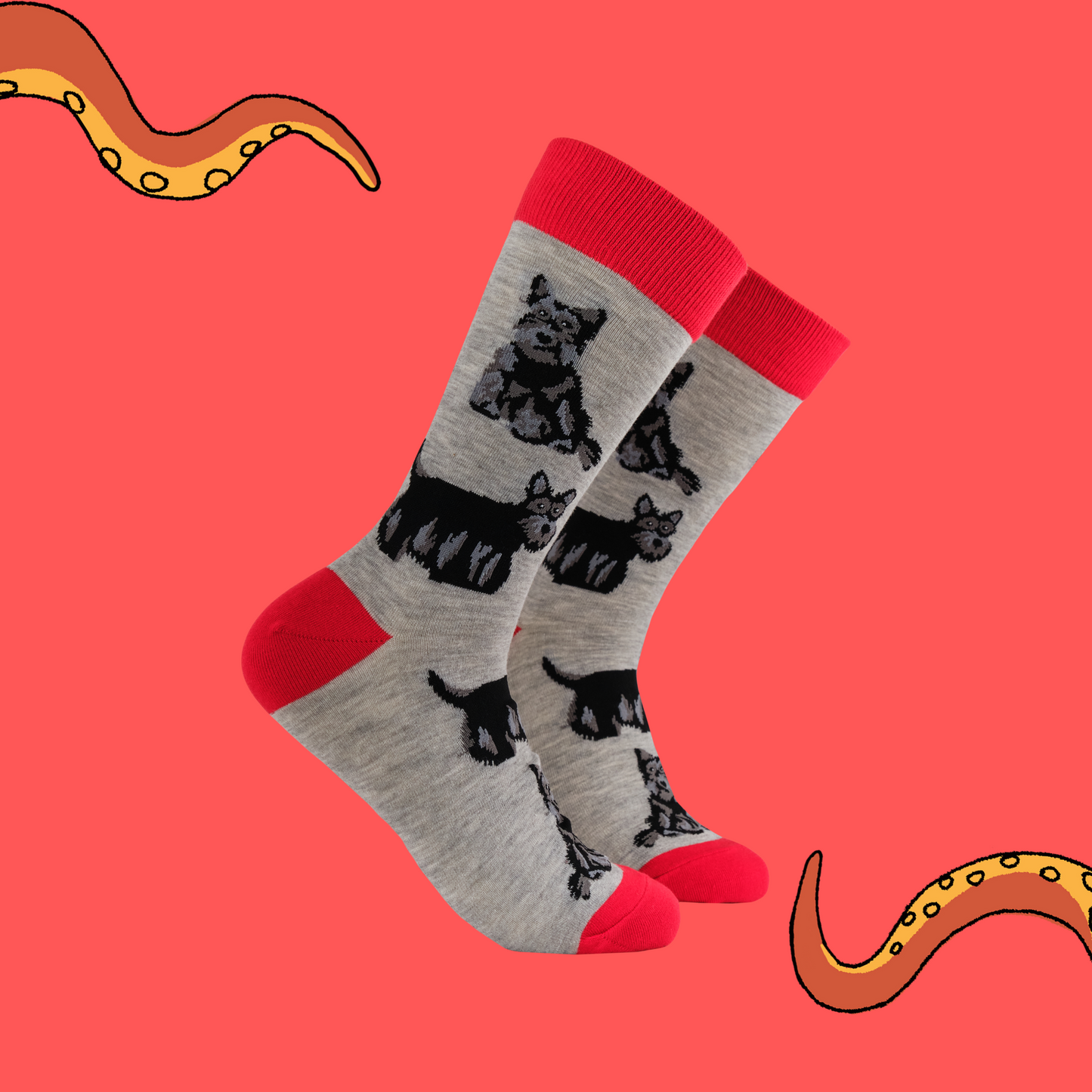 A pair of socks featuring a scottie dog motif. Grey legs, red heel toe and cuff.