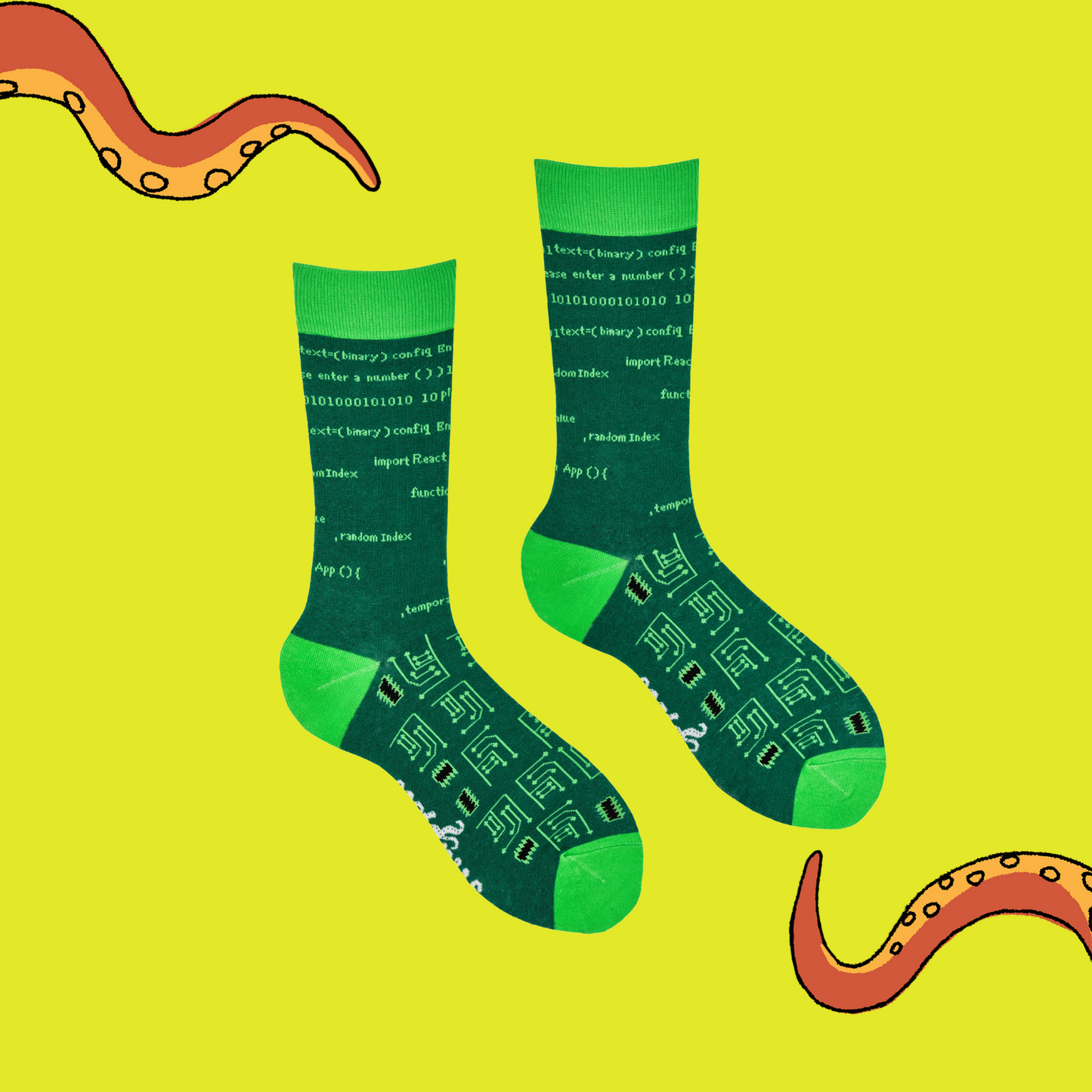 A pair of socks depicting HTML code and circuit boards. Green legs, light green cuff, heel and toe.
