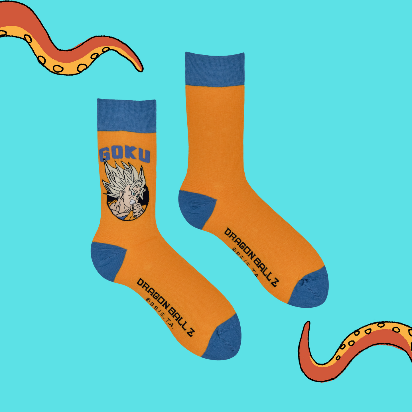 A pair of socks depicting Super Saiyan Goku. Orange legs, light blue heel, toe and Cuff.