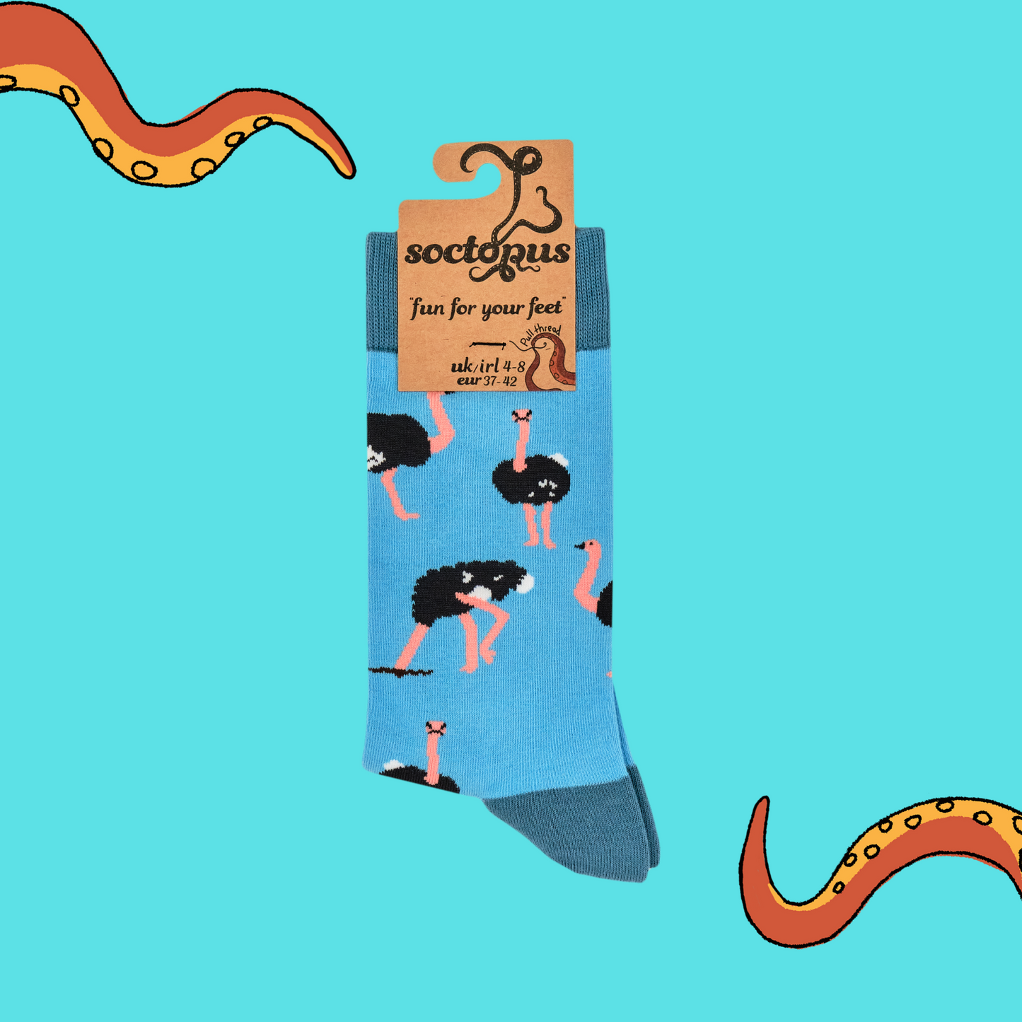 A pair of socks depicting Ostriches. Bright blue legs, teal heel, toe and cuff.