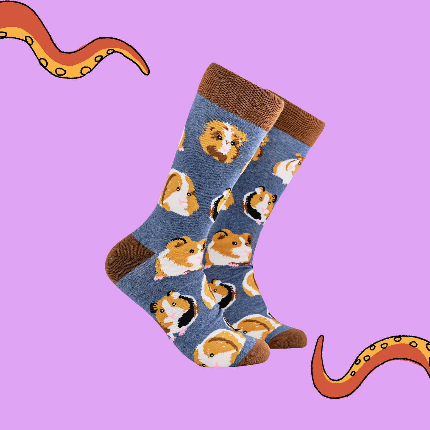 A pair of socks depicting guinea pigs. Blue legs, brown cuff, heel and toe.