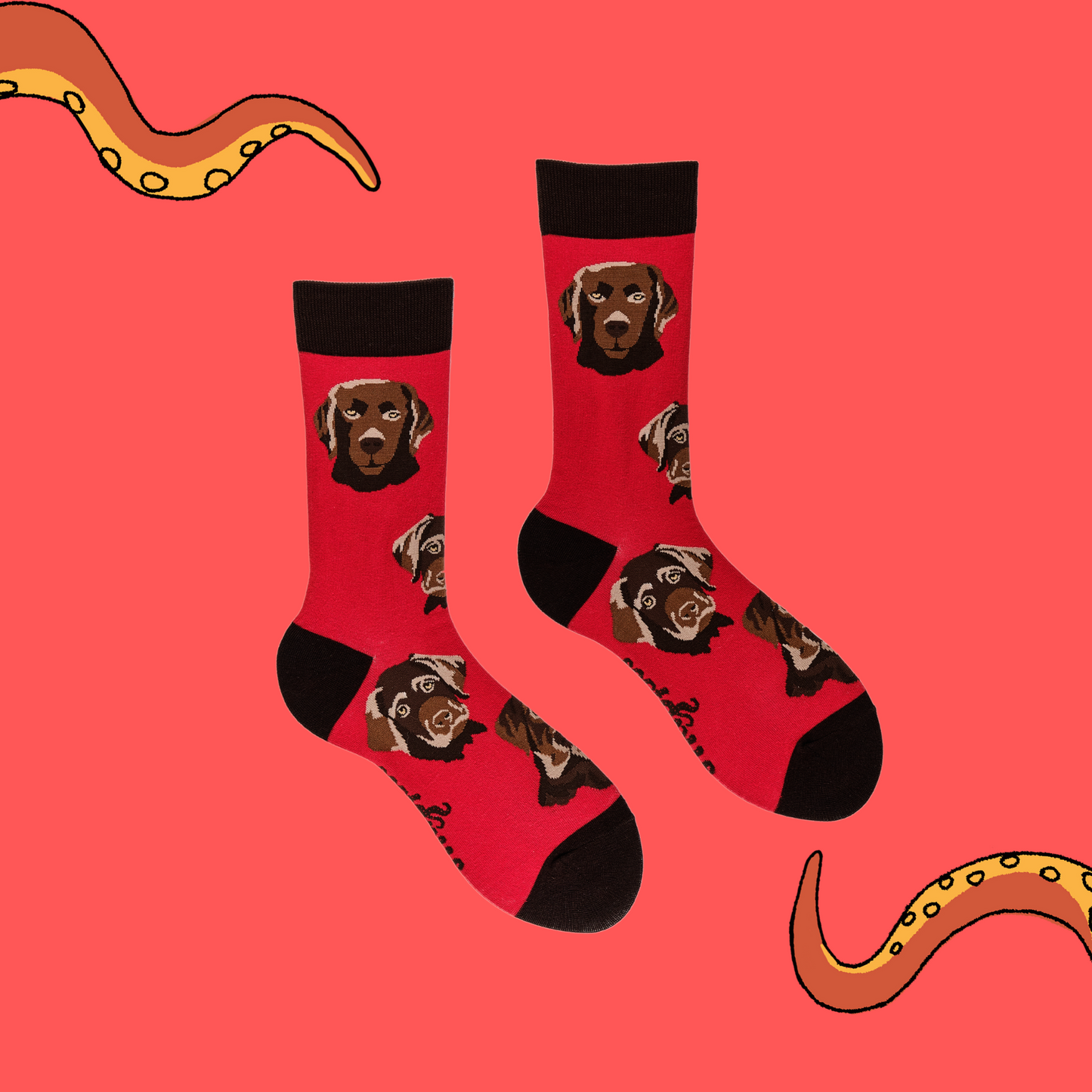 A pair of socks depicting chocolate Labradors. Red legs, brown cuff, heel and toe.