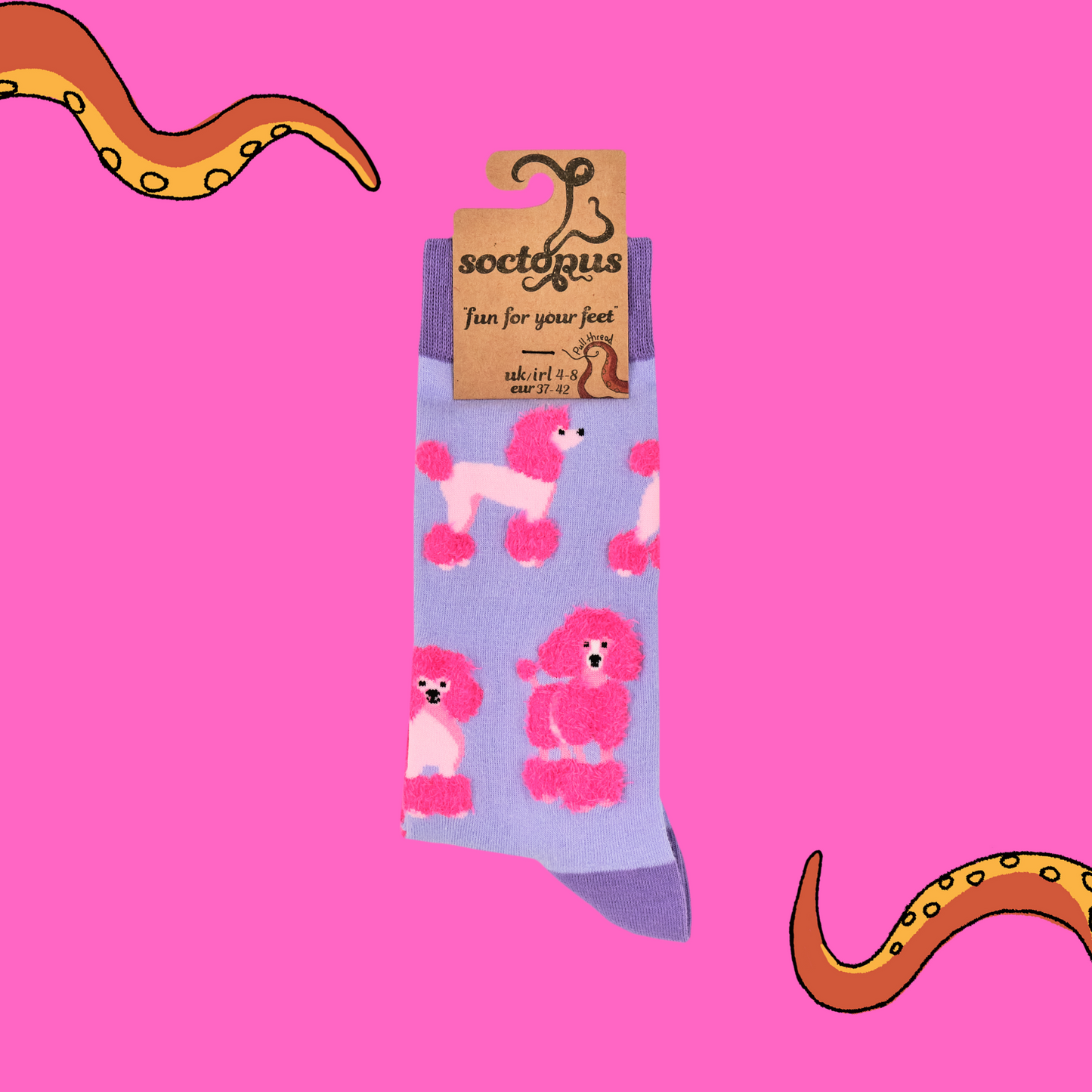 A pair of socks featuring fluffy poodles. Light purple legs, dark purple heel, toe and cuff.