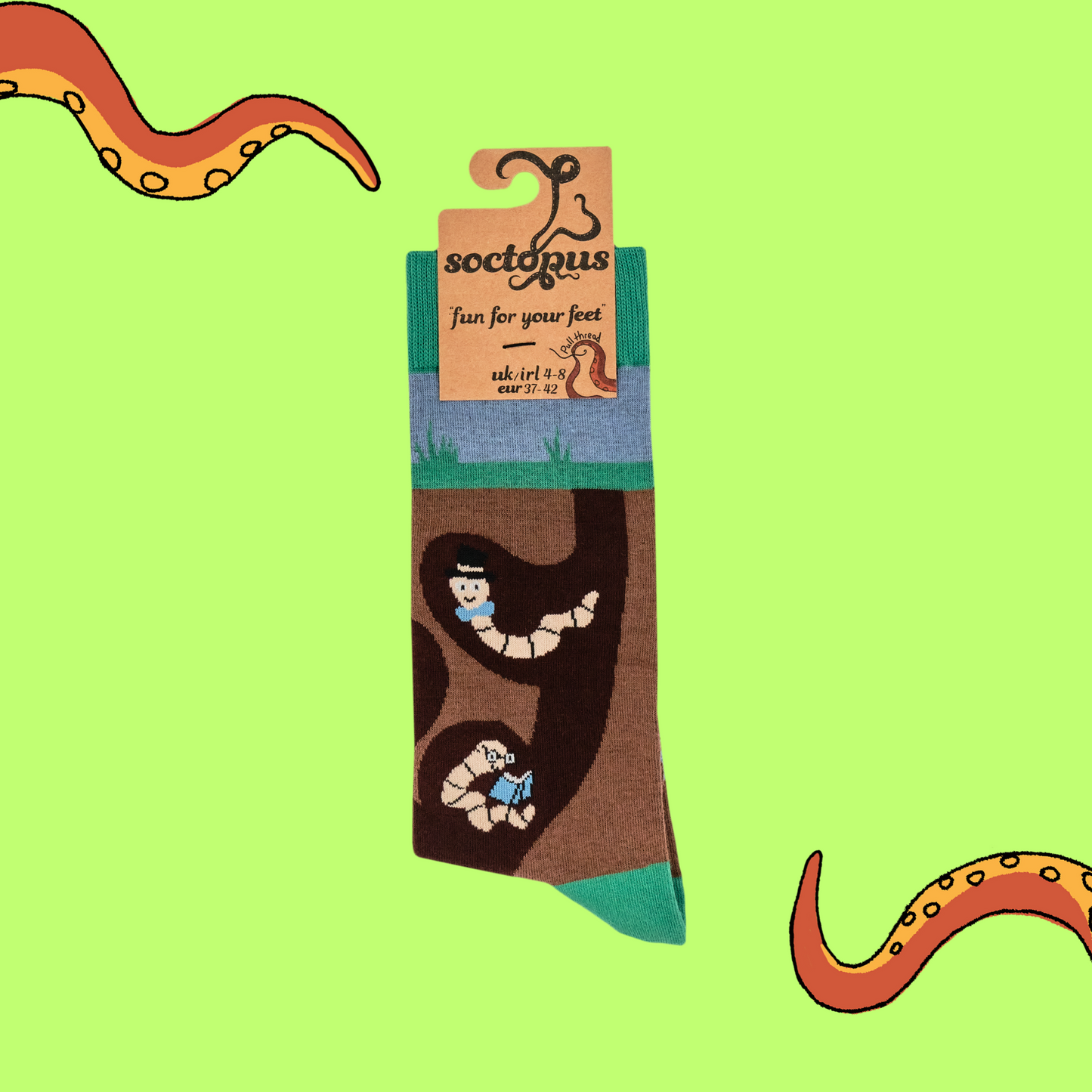 Wormery Socks. A pair of socks featuring earthworms. Brown legs, green heel, toe and cuff.