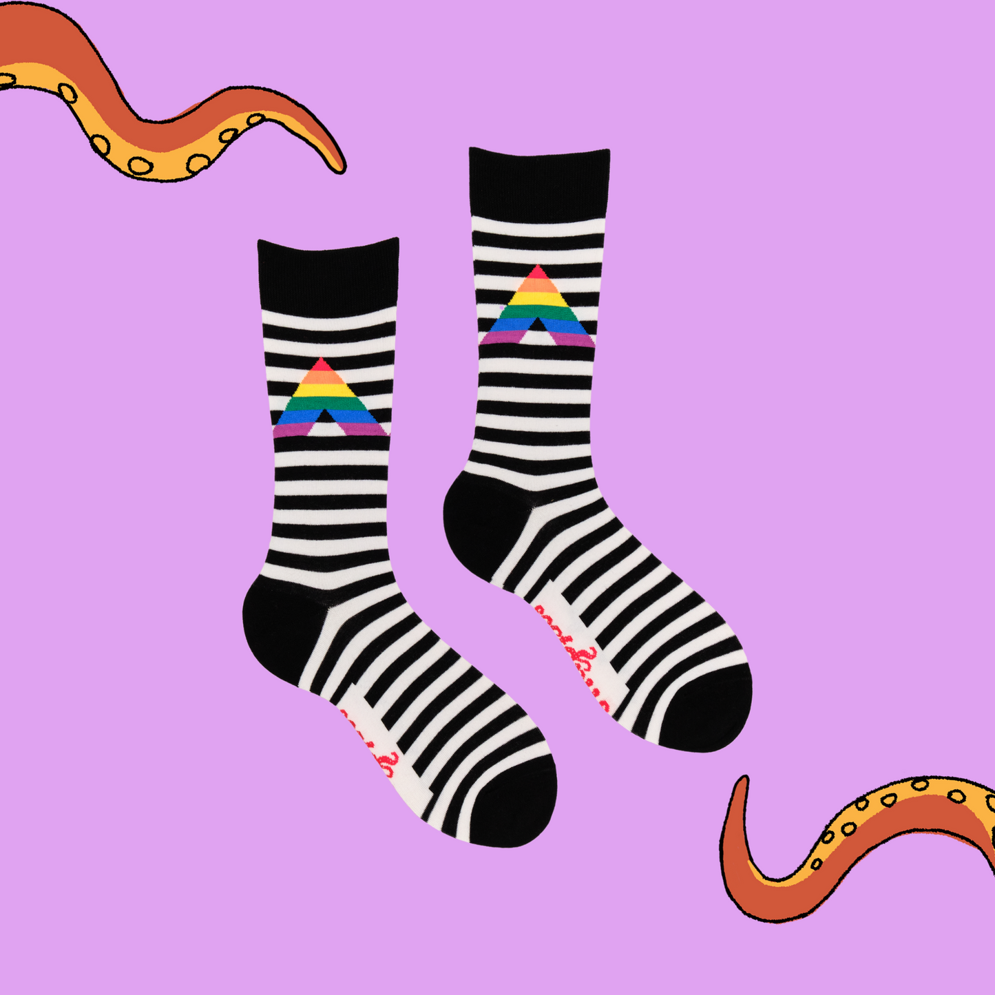 A pair of socks depicting a rainbow ally sign. Black and white striped legs, black cuff, heel and toe.