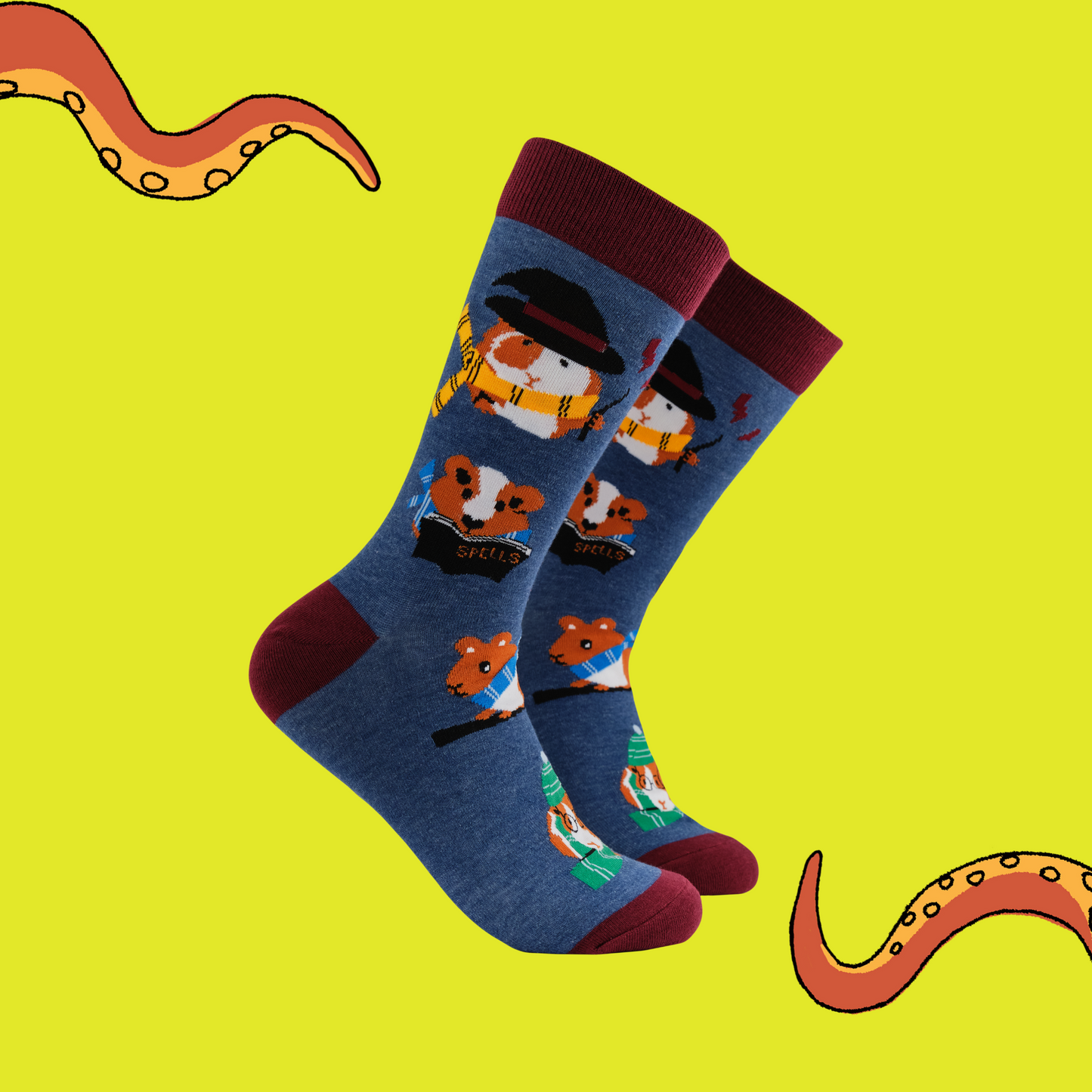A pair of socks featuring magical piggies. Blue legs, brown heel, toe and cuff.