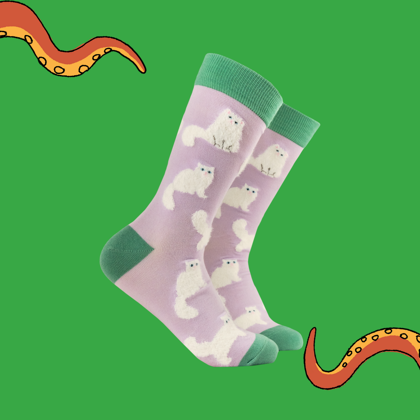 A pair of socks featuring fluffy white cats. Light pink legs, green heel, toe and cuff.