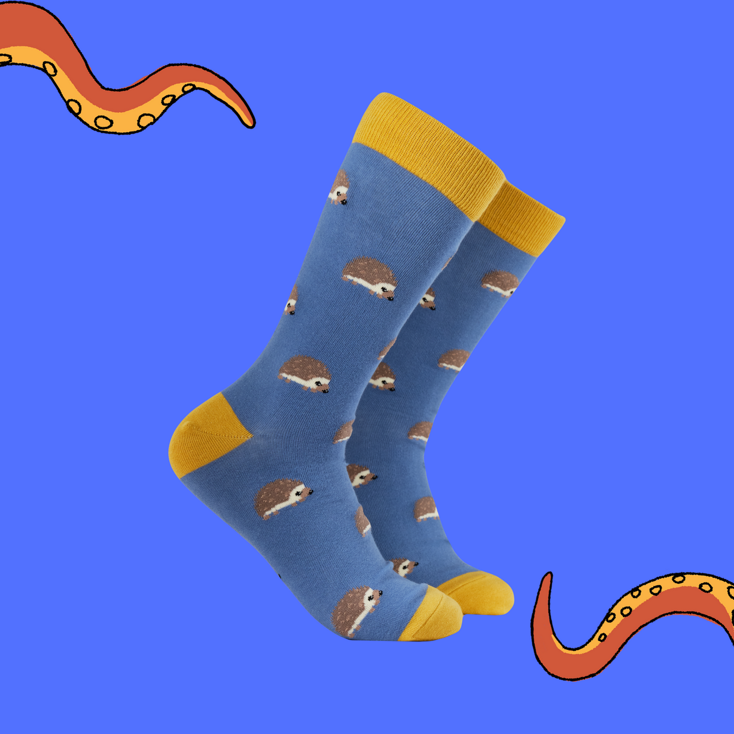 A pair of socks featuring cute hedgehogs. Dark blue legs, yellow heel, toe and cuff.