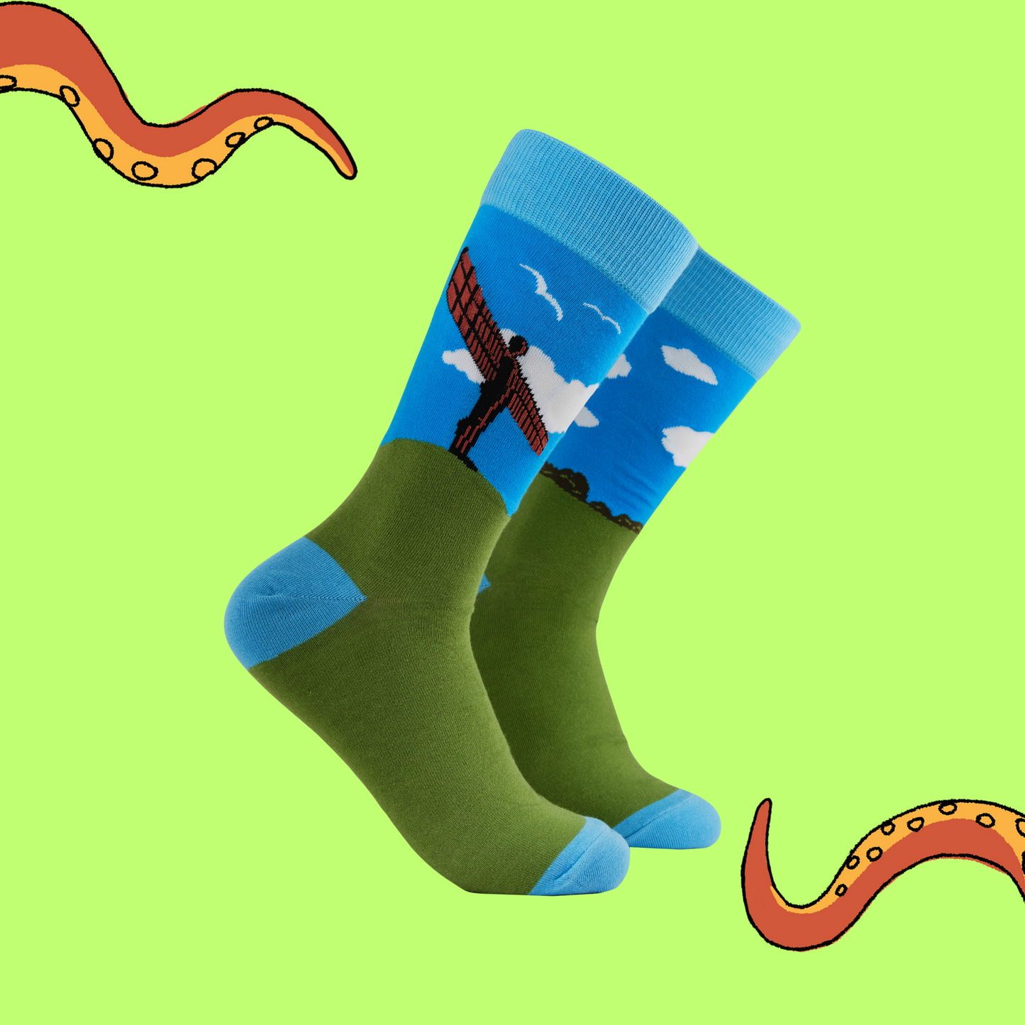 A pair of socks featuring the Angel of The North.