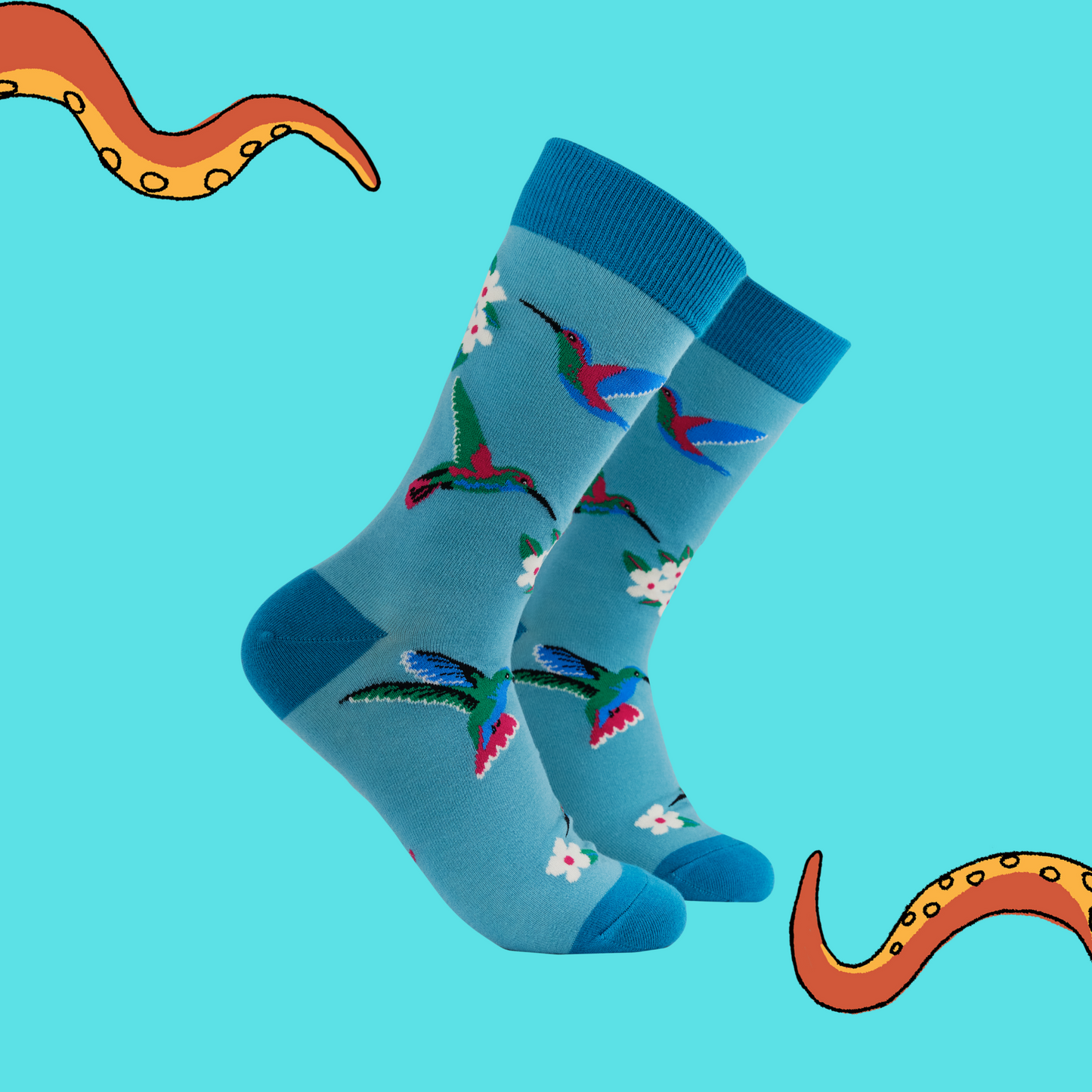A pair of socks with a hummingbird motif. Blue legs, dark blue heel, toe and cuff.
