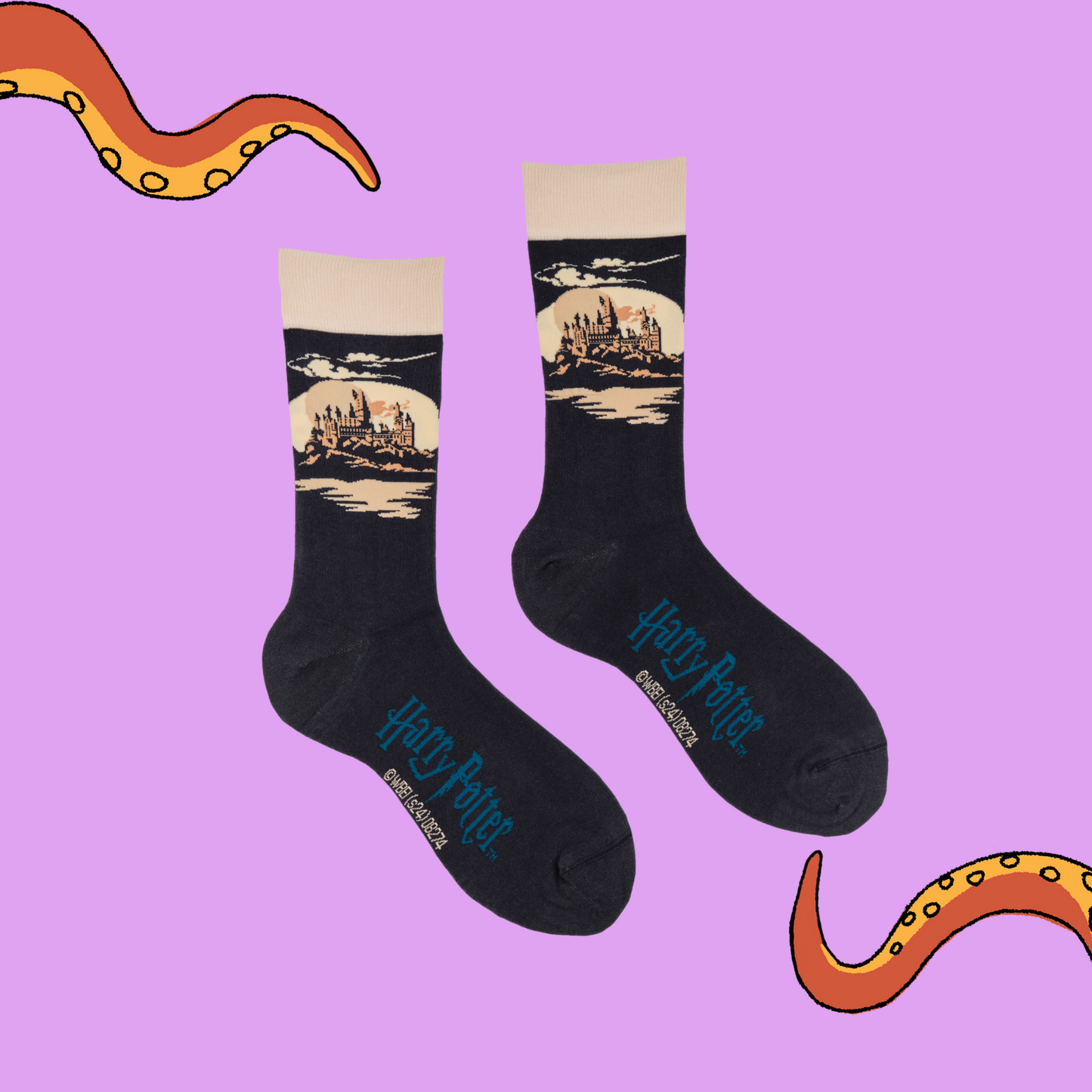 A pair of socks depicting Hogwarts Castle. Grey legs, cream cuff, grey heel and toe.
