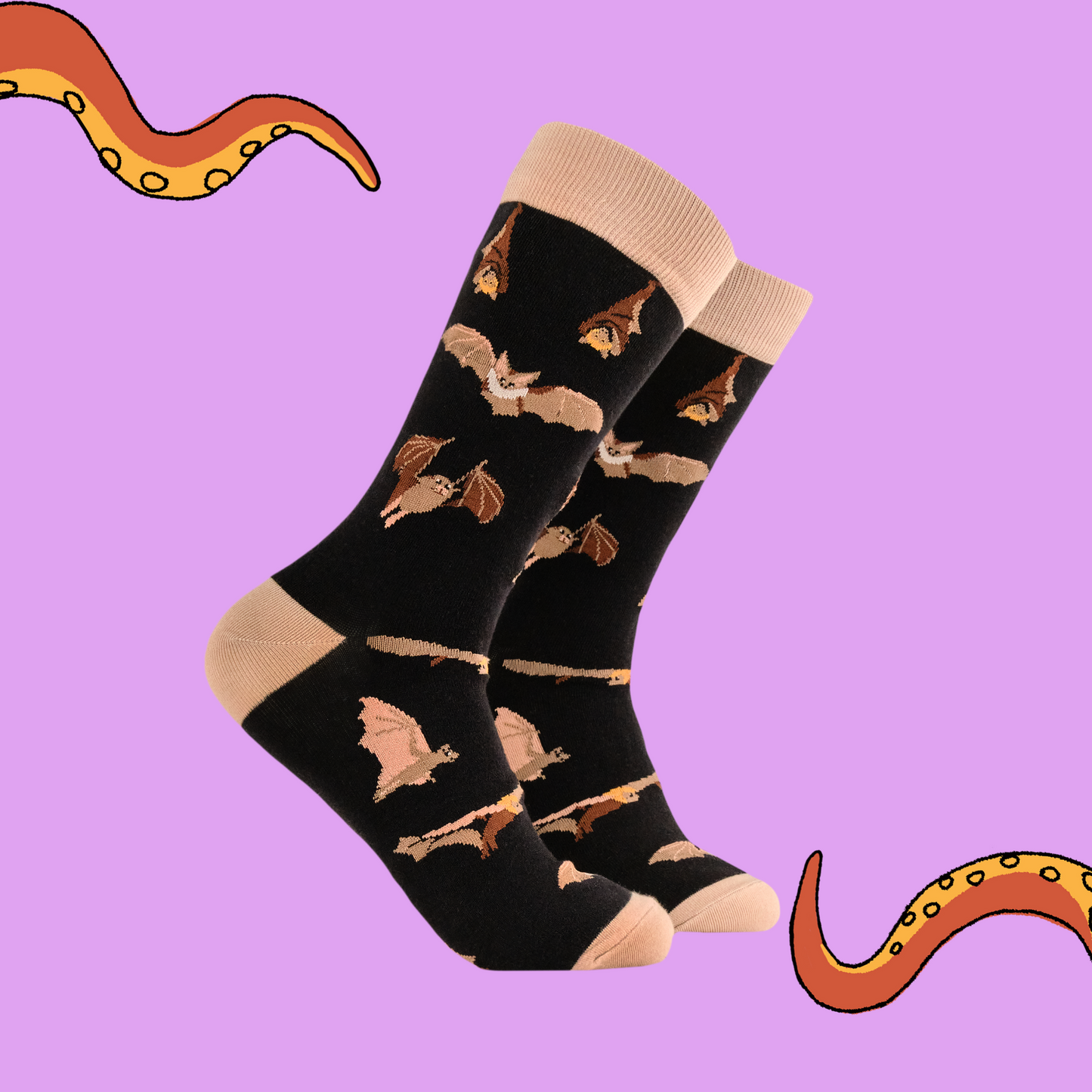 A pair of socks featuring a bat motif. Dark brown legs, light brown heel, toe and cuff.