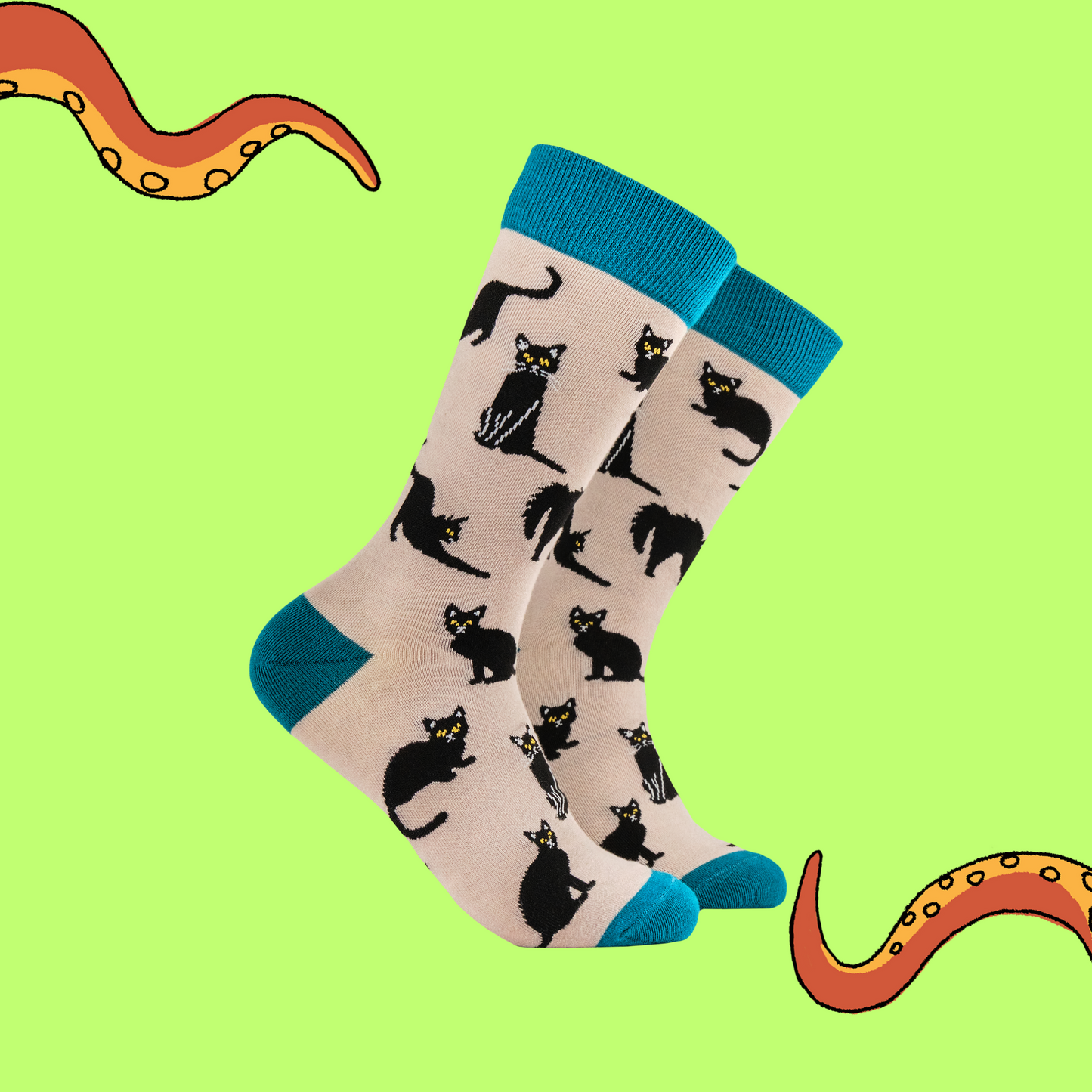 A pair of socks featuring lucky black cats. Beige legs, teal heel toe and cuff.