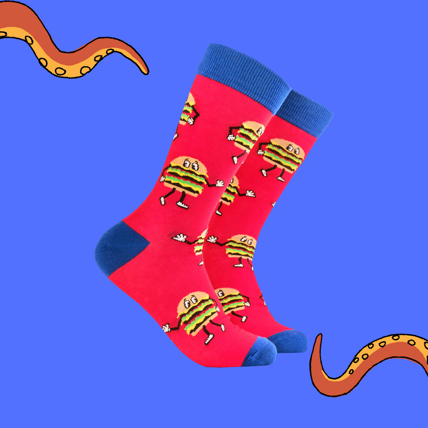A pair of socks featuring dancing burgers. Red legs, blue eel, toe and cuff.